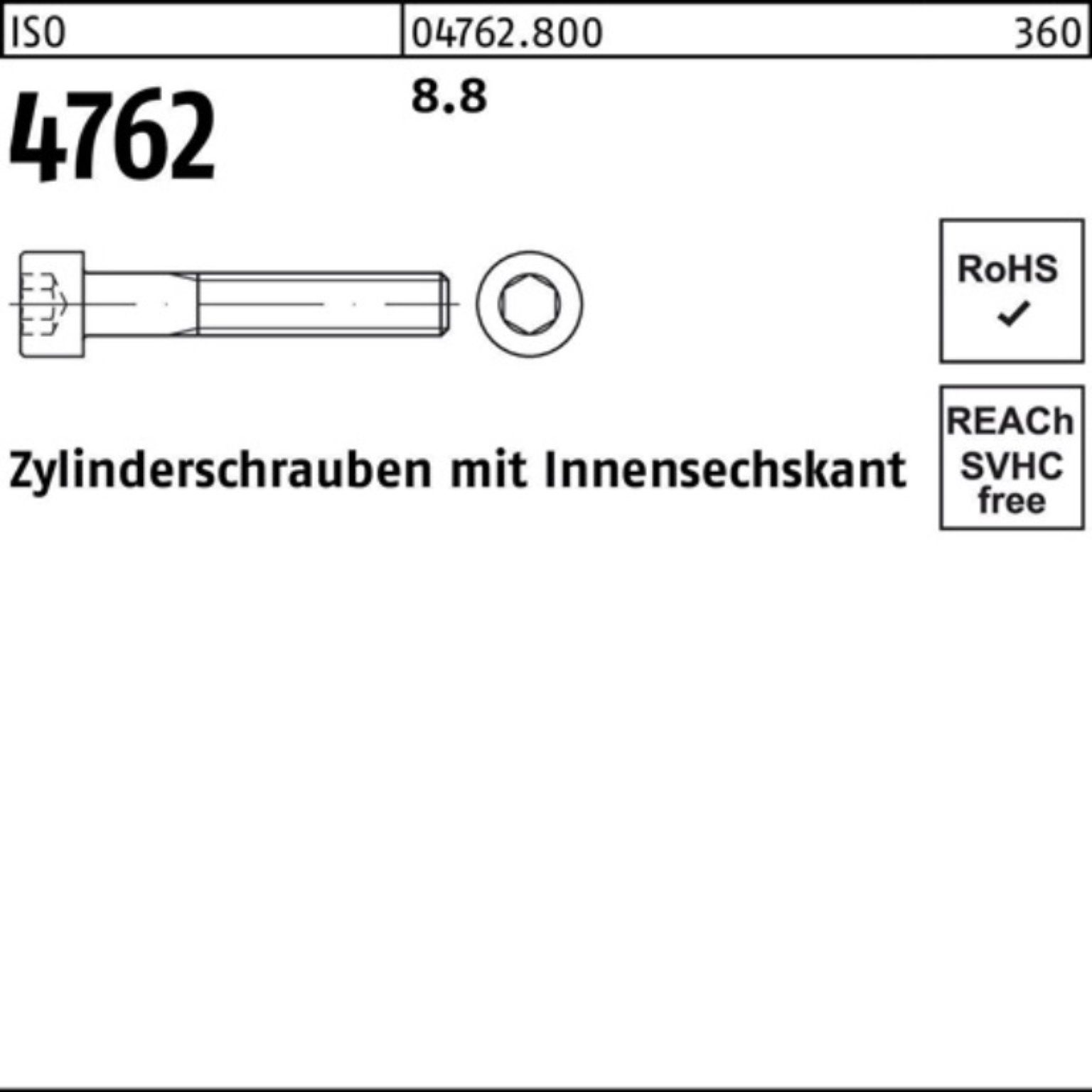 Reyher Zylinderschraube 100er Pack Zylinderschraube ISO 4762 Innen-6kt M18x 260 8.8 1 Stück I