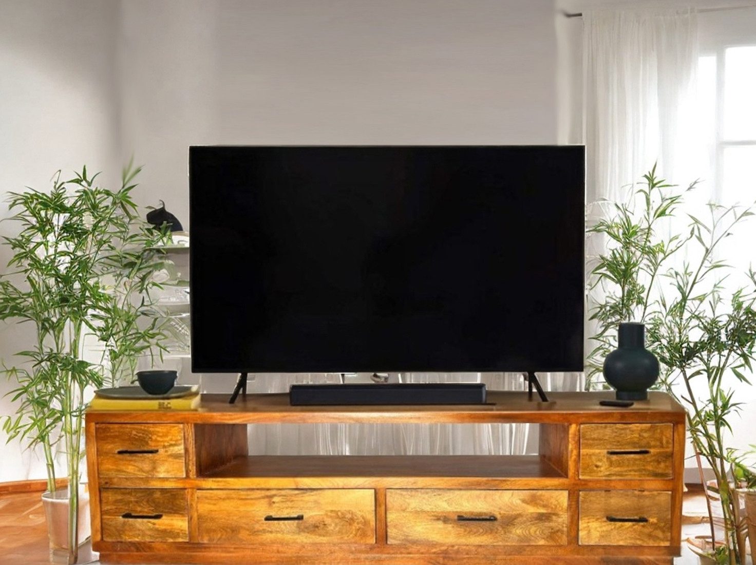 OPIUM OUTLET Lowboard Sideboard TV-Kommode Regal Möbel Massivholz braun (Schubladen beidseitig zu öffnen, B x H x T: 200 x 45 x 50 cm), TV-Schrank, Raumteiler, komplett montiert