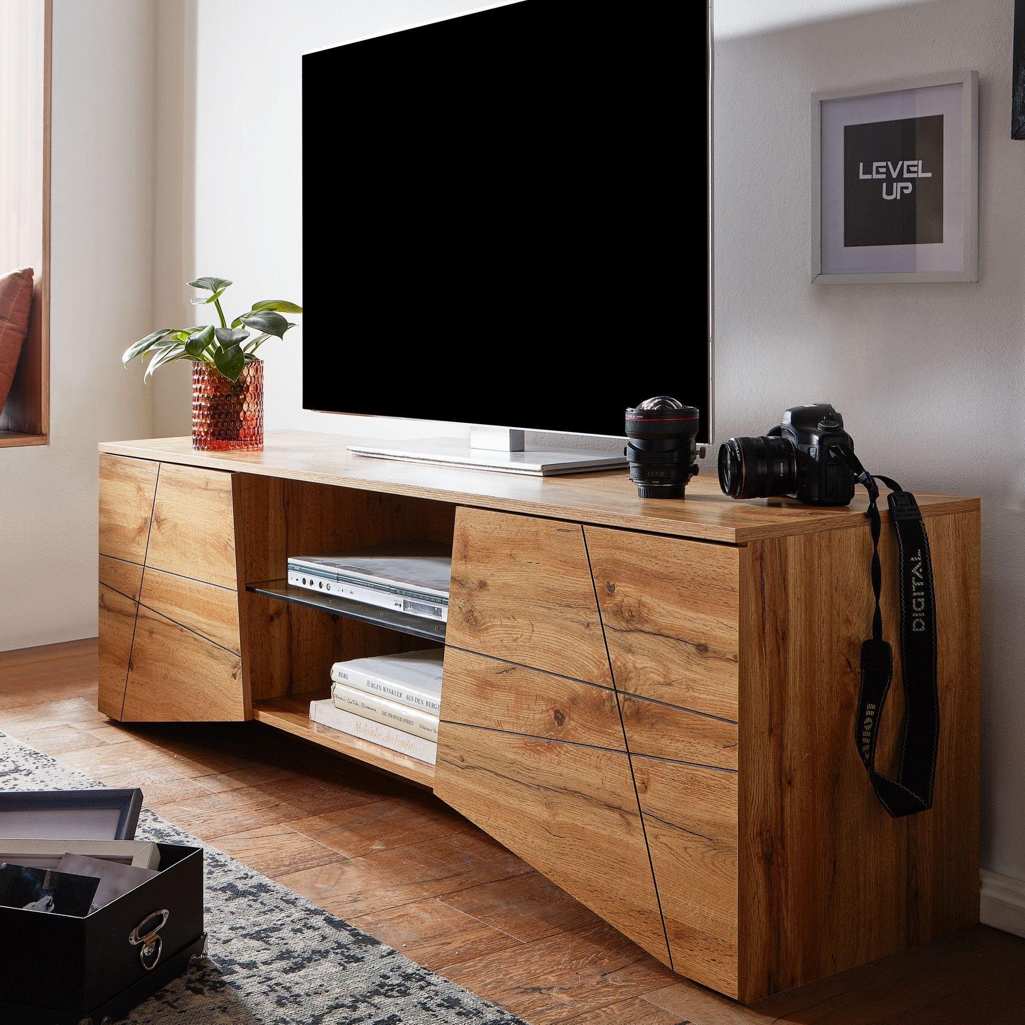 FINEBUY Lowboard »FB76452« (Holz Eiche-Dekor 160x50x40 cm mit zwei Türen),  TV-Kommode Hoch, TV-Schrank Modern, Fernsehtisch