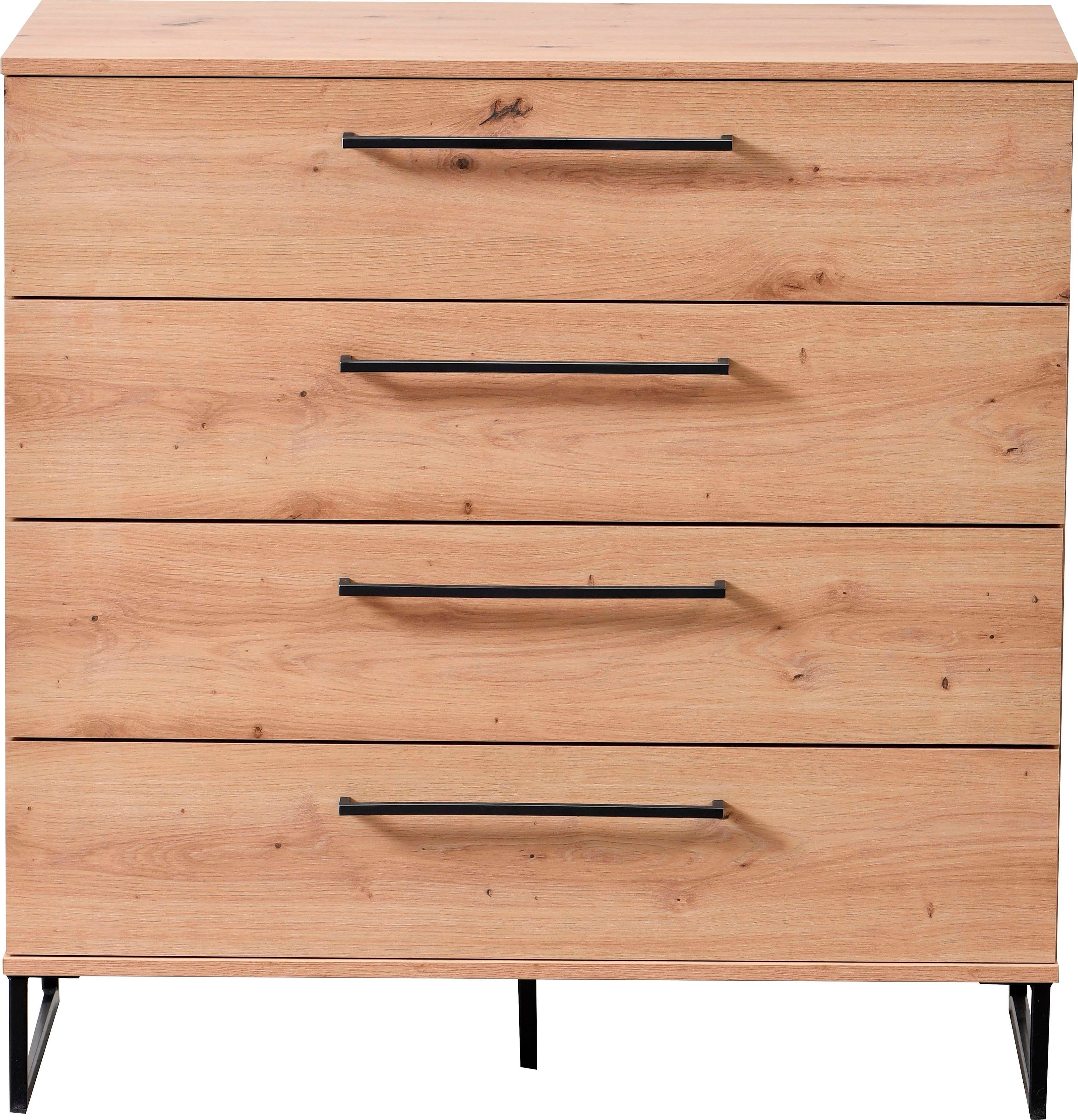 Home affaire Kommode Sardinia, Sideboard mit 4 Schubkästen, B/T/H: 91x92,5x42cm, mit 4 Schubladen, mit trendigen schwarzen Griffen und Metallfüße