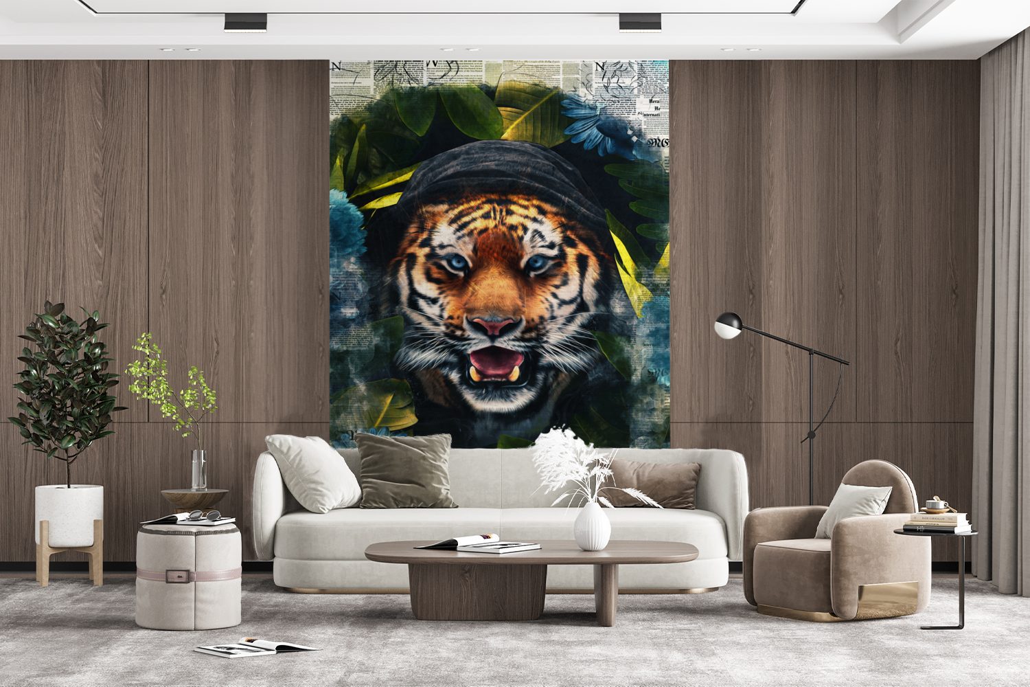 MuchoWow Fototapete Tiger - - Matt, St), (3 Zeitung Blumen, Tapete Vinyl für Wohnzimmer, Montagefertig Wandtapete bedruckt