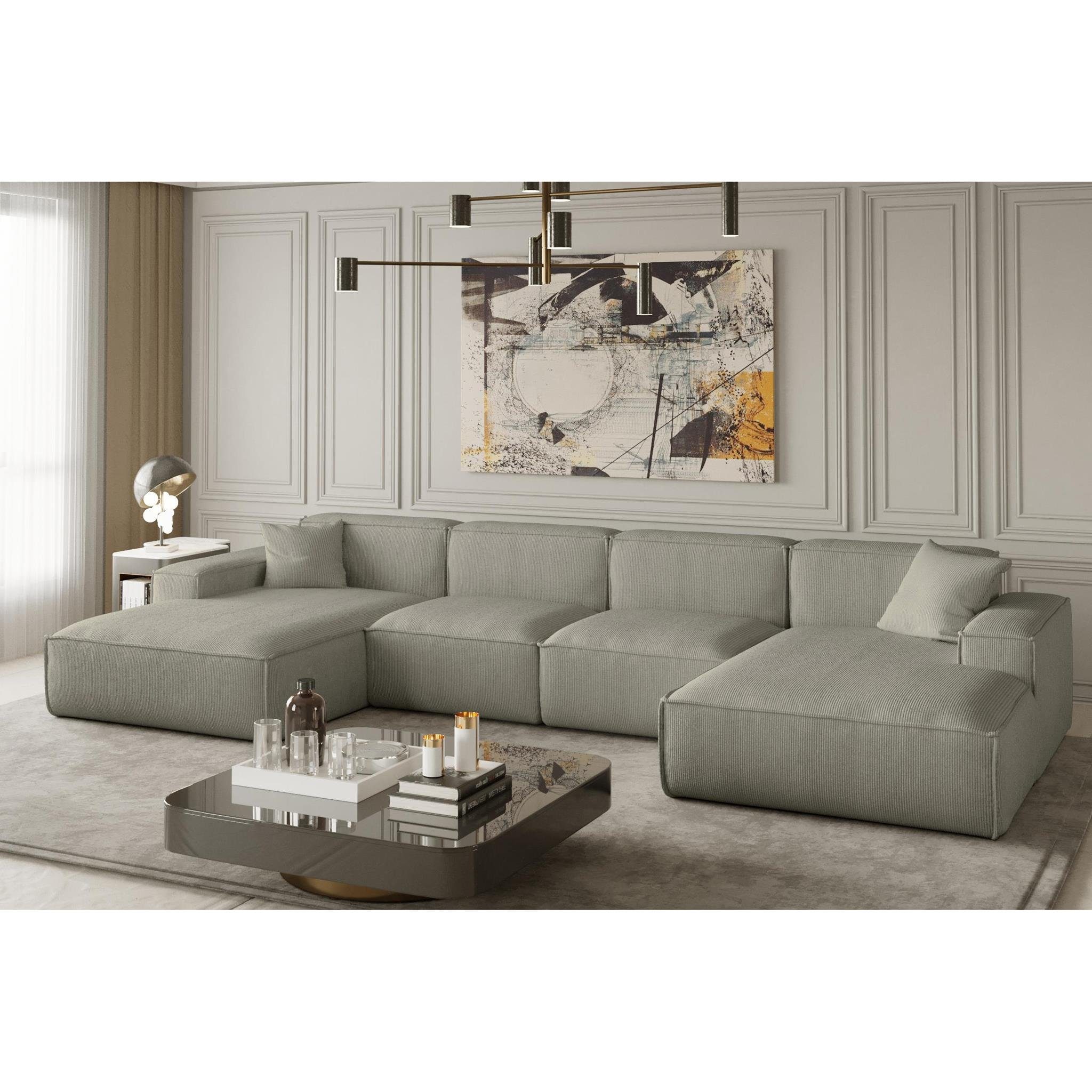 modernes Cord-Bezug, Velour 379 Lugano Stil, Ecksofa large, mit im Ecke breite mit Beautysofa oder Wellenunterfederung, cm U Armlehnen