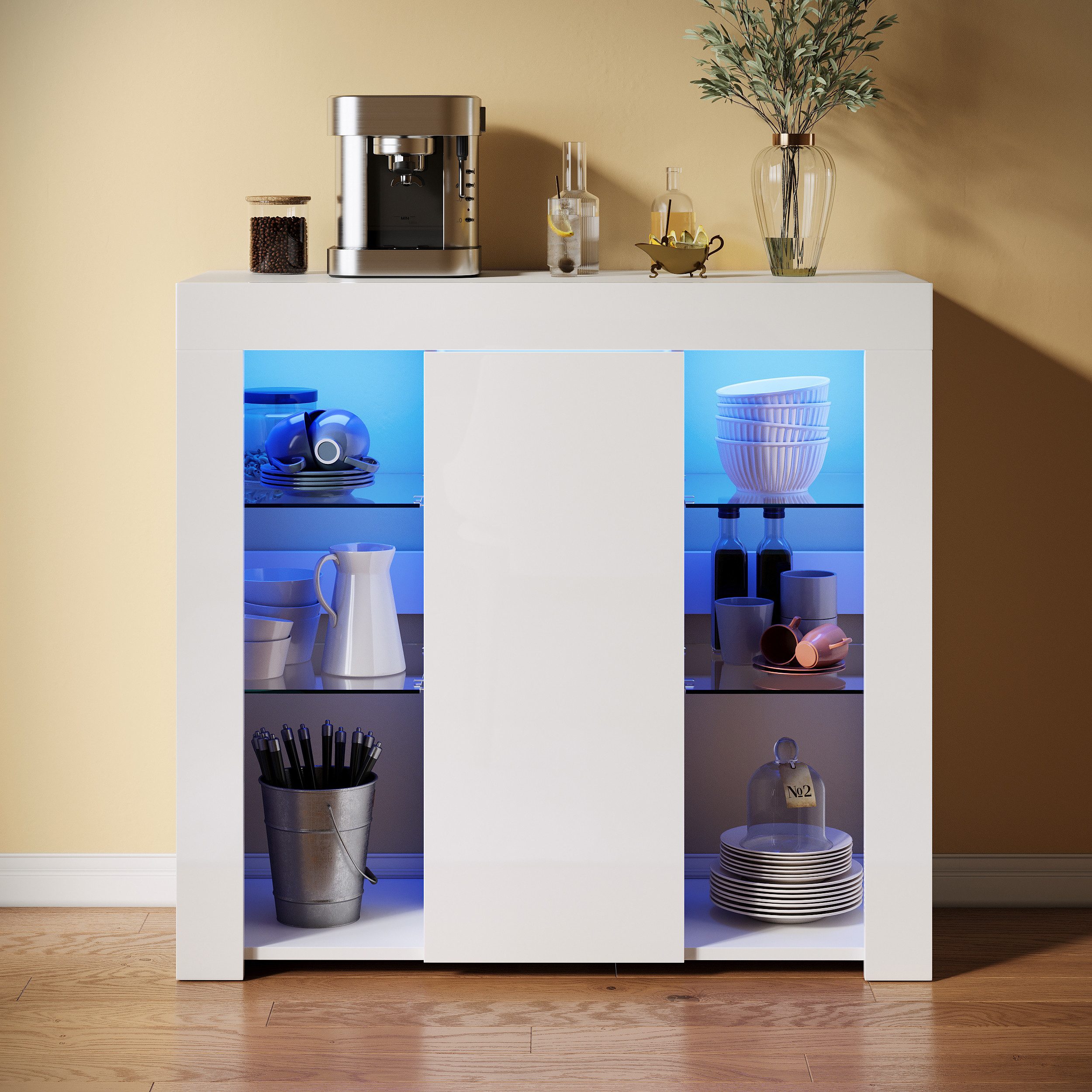 SONNI Sideboard mit LED Beleuchtung 90x35x83cm Weiß/Schwarz Hochglanz, mit Schranktür und 4 glas Einlegeböden