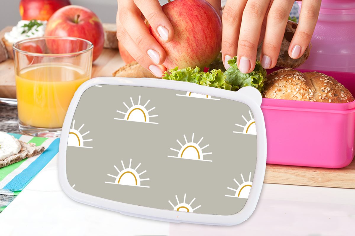 MuchoWow Lunchbox Kunststoff, Brotbox Muster, Brotdose Snackbox, für Mädchen, (2-tlg), Boho - rosa Kunststoff Sonne - Erwachsene, Kinder