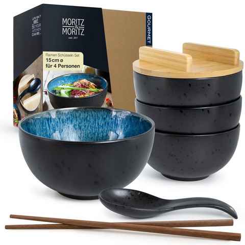 Moritz & Moritz Suppenschüssel Moritz & Moritz 4er Set Ramen Blau Reaktiv inklusive Deckel und Löffel, Keramik, (4 Personen, 20-tlg), Ramen Bowl Set