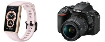 Huawei Activity Tracker Band 6 Sakura Pink Fitnesstracker inkl. NIKON D5600 Kit Spiegelreflexkamera,18-55 mm Objektiv (AF-P, DX, VR), Touchscreen Display, WLAN