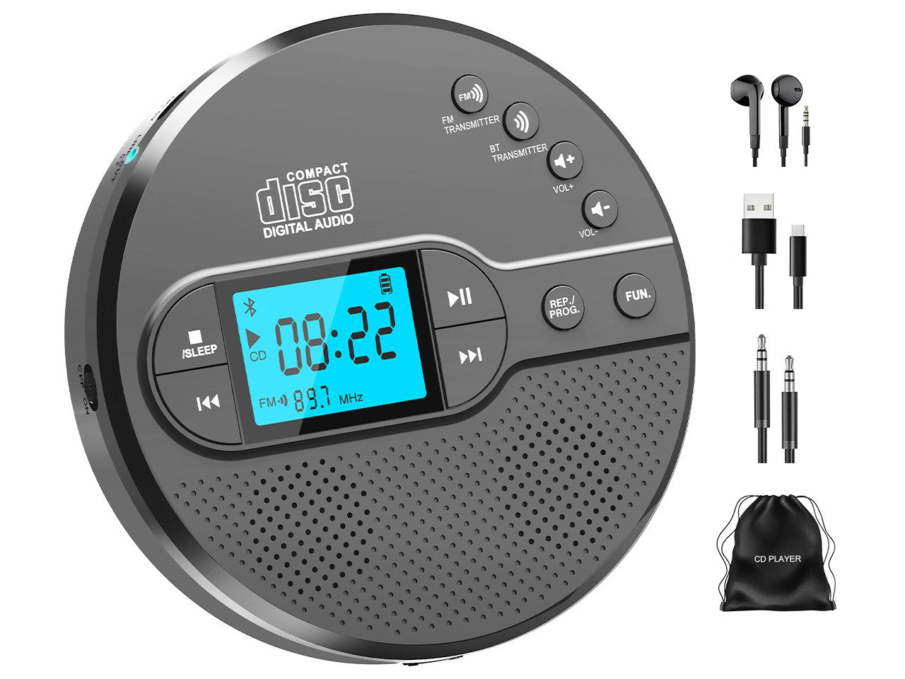 Greadio mit Bluetooth & Akku, FM Transmitter fürs Auto Audio, Schwarz CD-Player (Tragbar, Wiederaufladbar, Anti-Rutsch- & Stoßschutz, Sleep-Timer, Breite Formatkompatibilität)