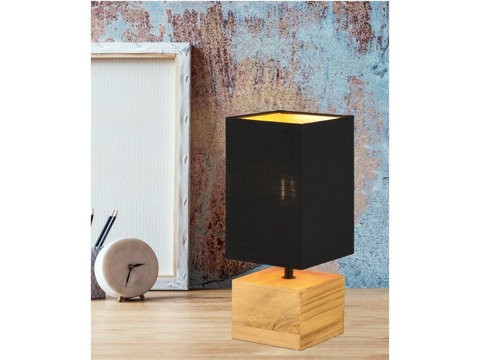 Fensterlampe Schwarz wechselbar, Holz-fuß Nachttischlampe, LED Fensterbank LED Lampenschirm meineWunschleuchte Warmweiß, 30cm Dimmfunktion, mit Gold Schwarz-Gold H