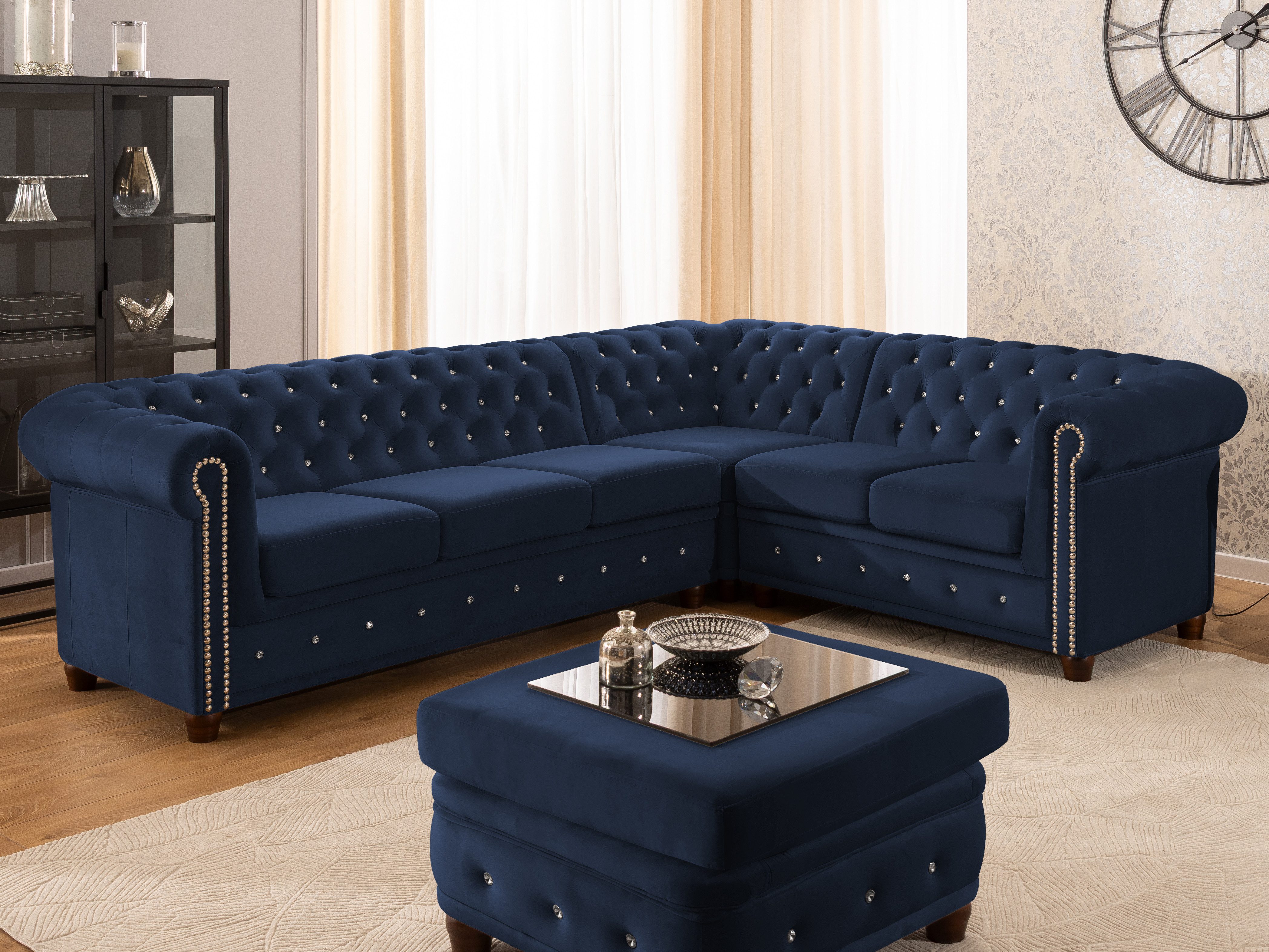 S-Style Möbel Ecksofa Chesterfield L-Form Cleo Blink aus Samt mit Kristallsteppung, mit Wellenfederung
