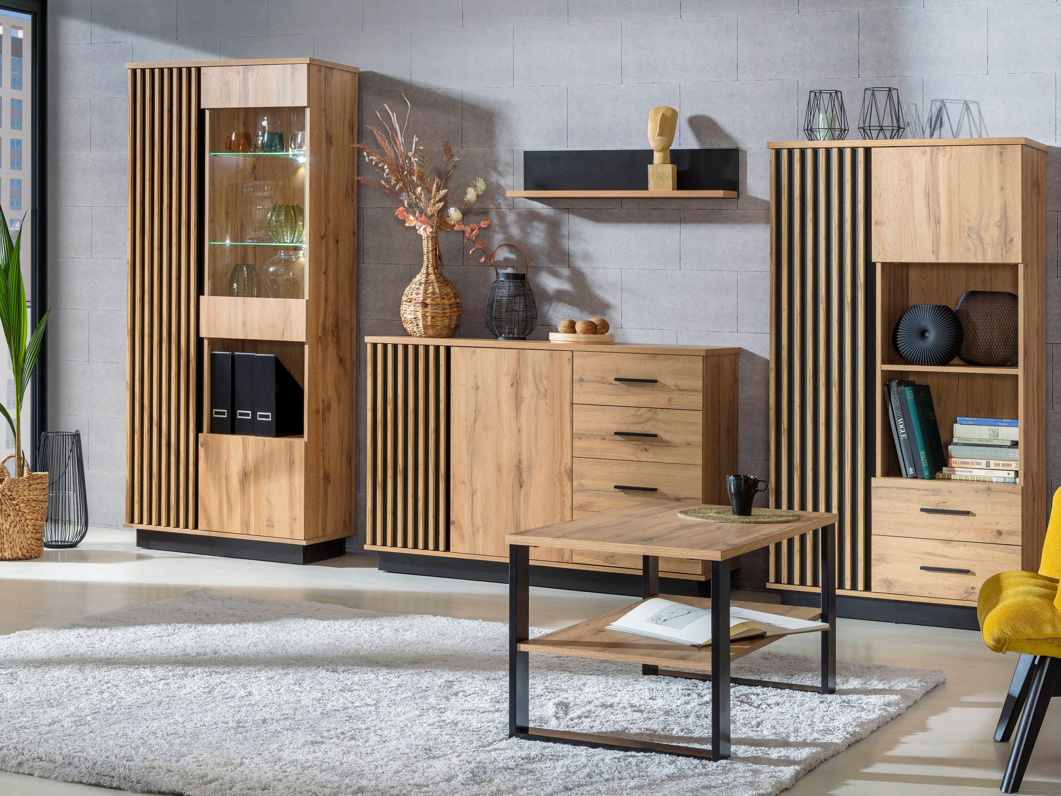 Beautysofa Hochkommode mit Zwei Türen und 2 Schubladen LAMELO (offenen Fächern und Lamellen, Eiche Wotan/Schwarz, 90 cm), mit eleganten Lamellen – Bild 5 von 5