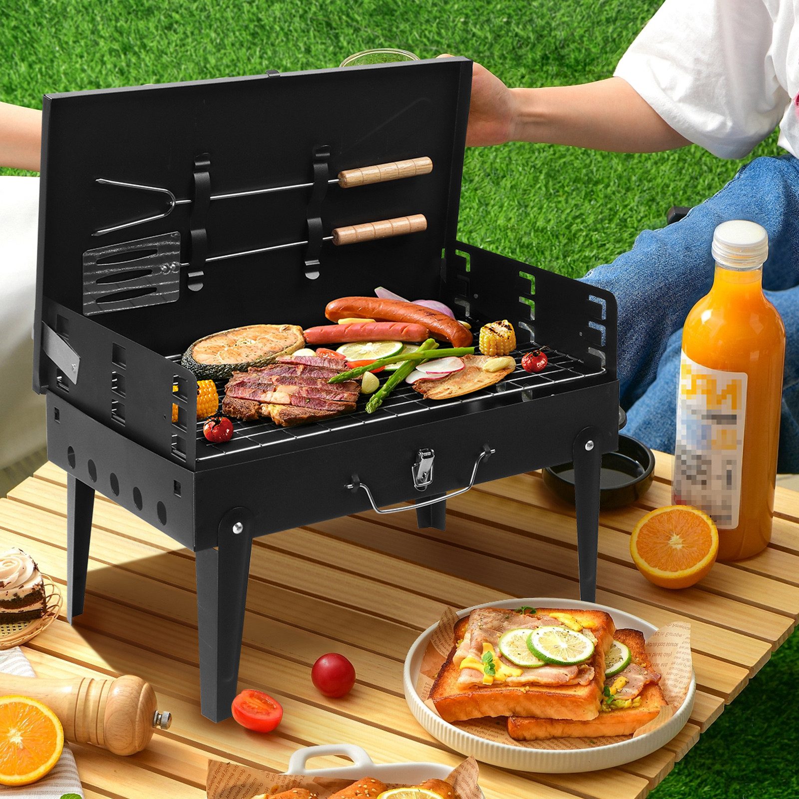 LALAHO Holzkohlegrill Holzkohlegrill Tragbarer mit Deckel, Tischgrill Klappgrill für Camping, Garten, 44 x 27 x 47 cm – Bild 5 von 5