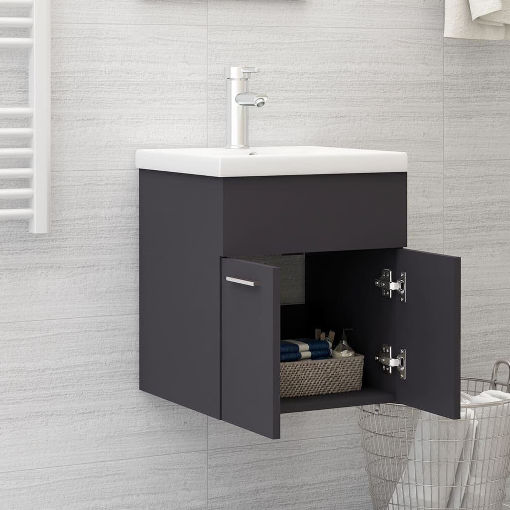 vidaXL Badezimmerspiegelschrank Waschbeckenunterschrank Holzwerkstoff (1-St) Grau mit Einbaubecken