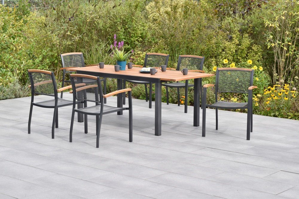 MERXX Garten-Essgruppe Tilos, (7tlg. Set, 7tlg. Set), 6 Stapelsessel, 1 Ausziehtisch 150 (200) x 90 cm