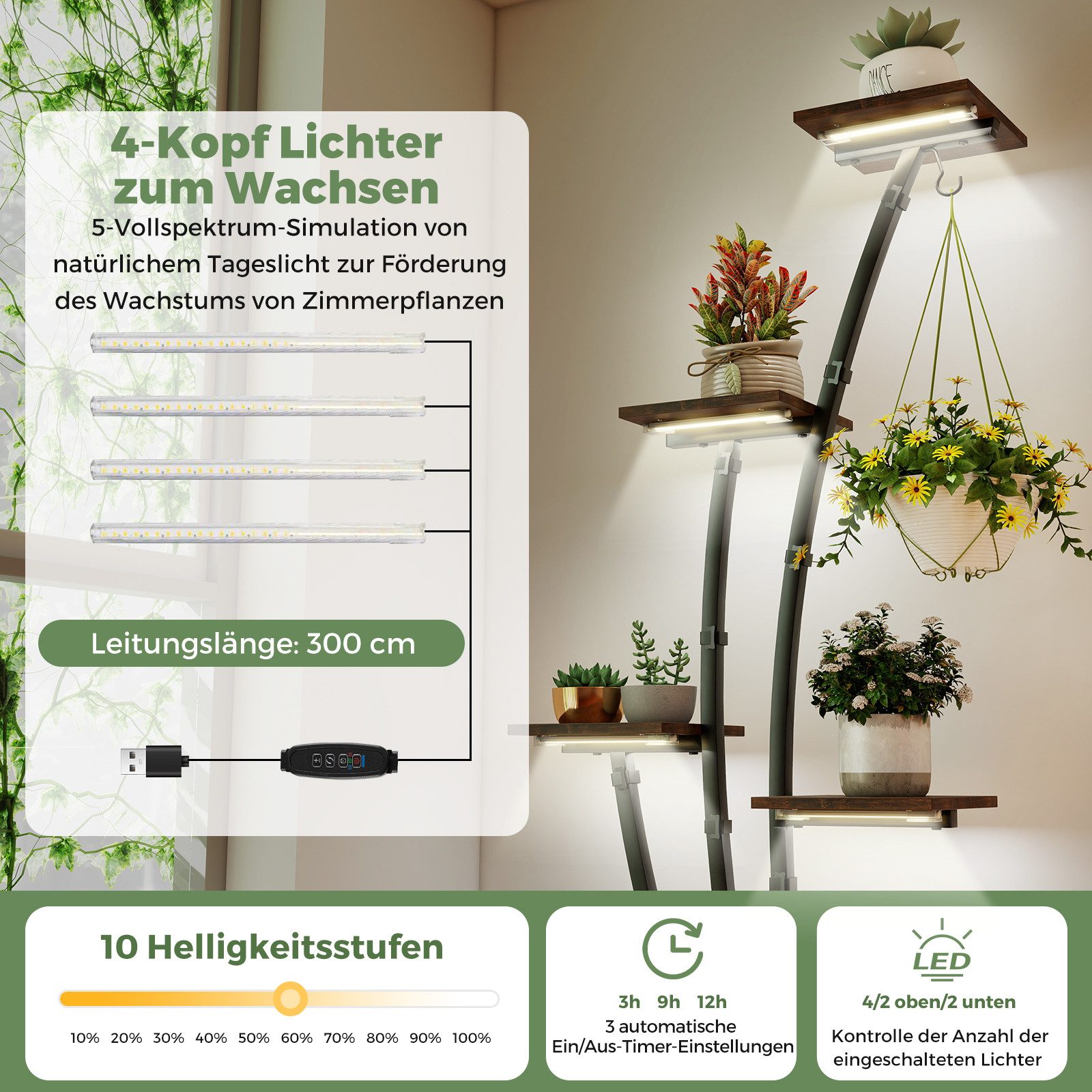 COSTWAY Blumenständer (1 St), Pflanzenständer mit Wachstumslichtern Metall 156 cm