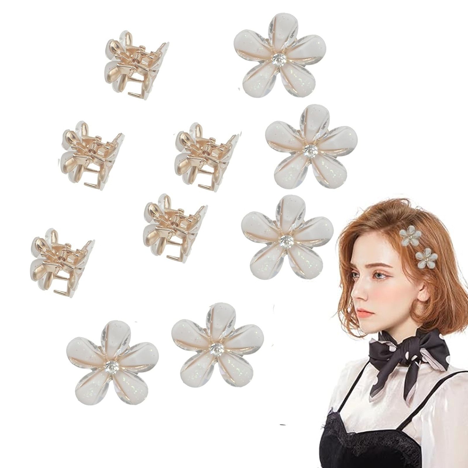 MOPUEA Haarspange Haarspange Mini süße Blumenform Kristall Klammern 0.79inch 10 Stück, Haaraccessoire-Set, 10 Mini Blumen Krallenklammern in Beige, Leicht, rutschfest, langlebig, elegant, vielseitig