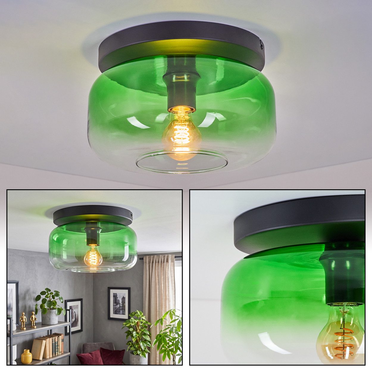 hofstein Deckenleuchte Deckenlampe aus Metall/Glas in Schwarz/Grün/Klar, moderne Deckenleuchte im Retro/Vintage-Design, Ø 28 cm, E27