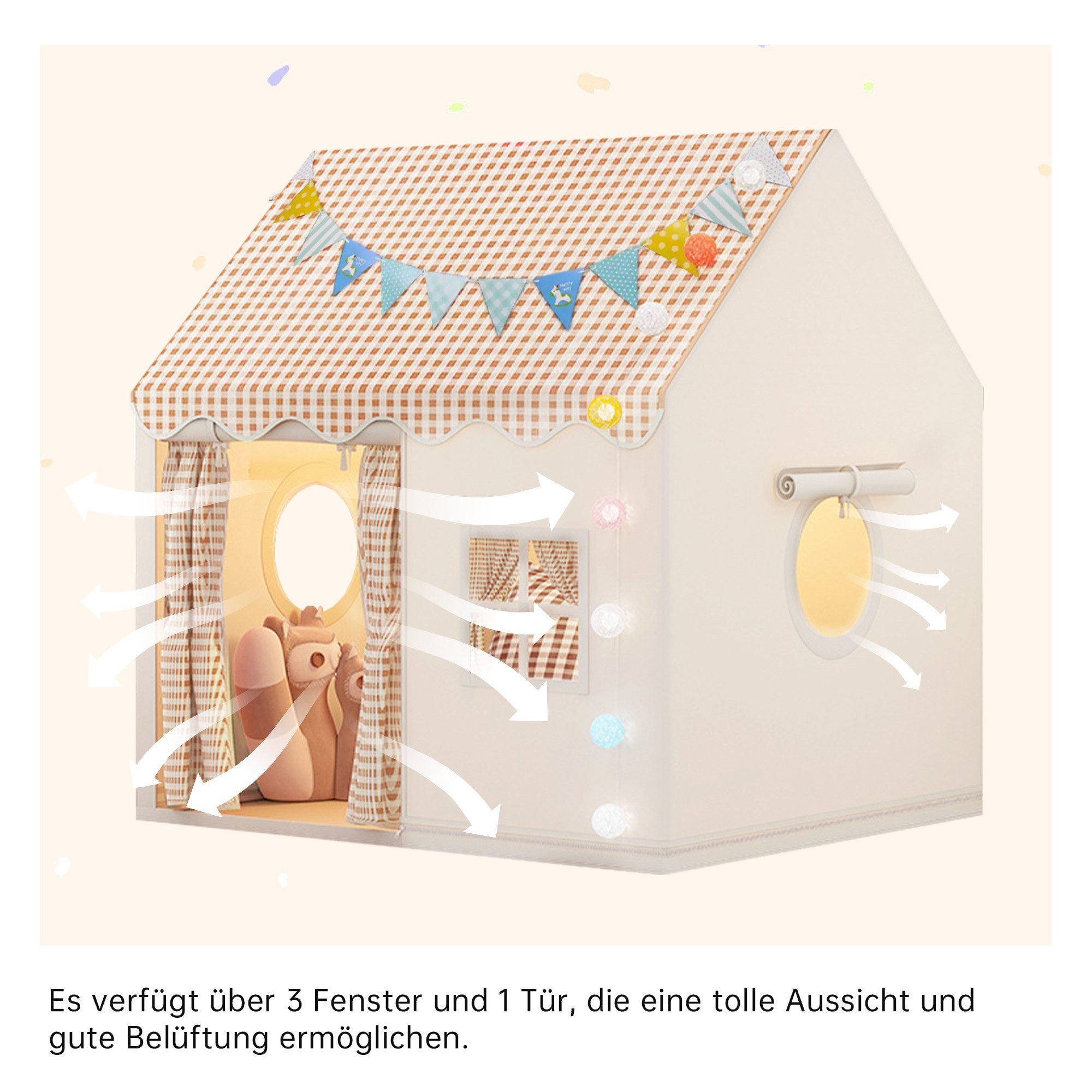 SEHAUSEU Spielzelt Kinderzelt Spielhaus mit Bodenmatte, Lichterkette und Wimpelkette