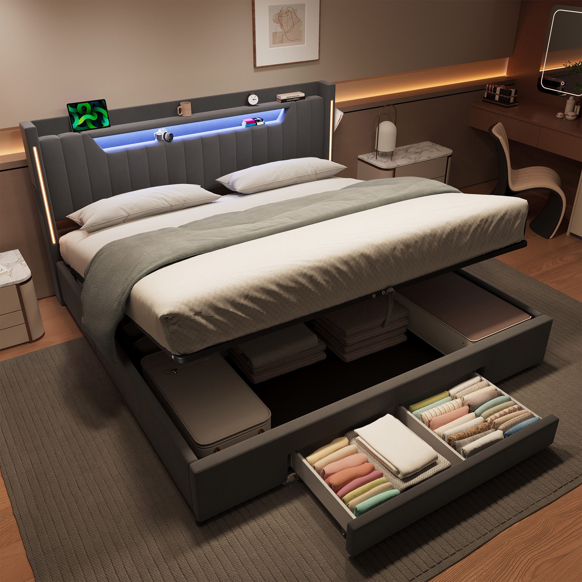 OKWISH Polsterbett Stoffbett 180x200 cm mit LED Licht und Ladestation, ohne Matratze (Packung, 1-tlg., Schlafbett modernes Design für Schlafzimmer mit USB Anschluss), Doppelbett mit Samtbezug und hydraulischem Bettkasten Stauraum