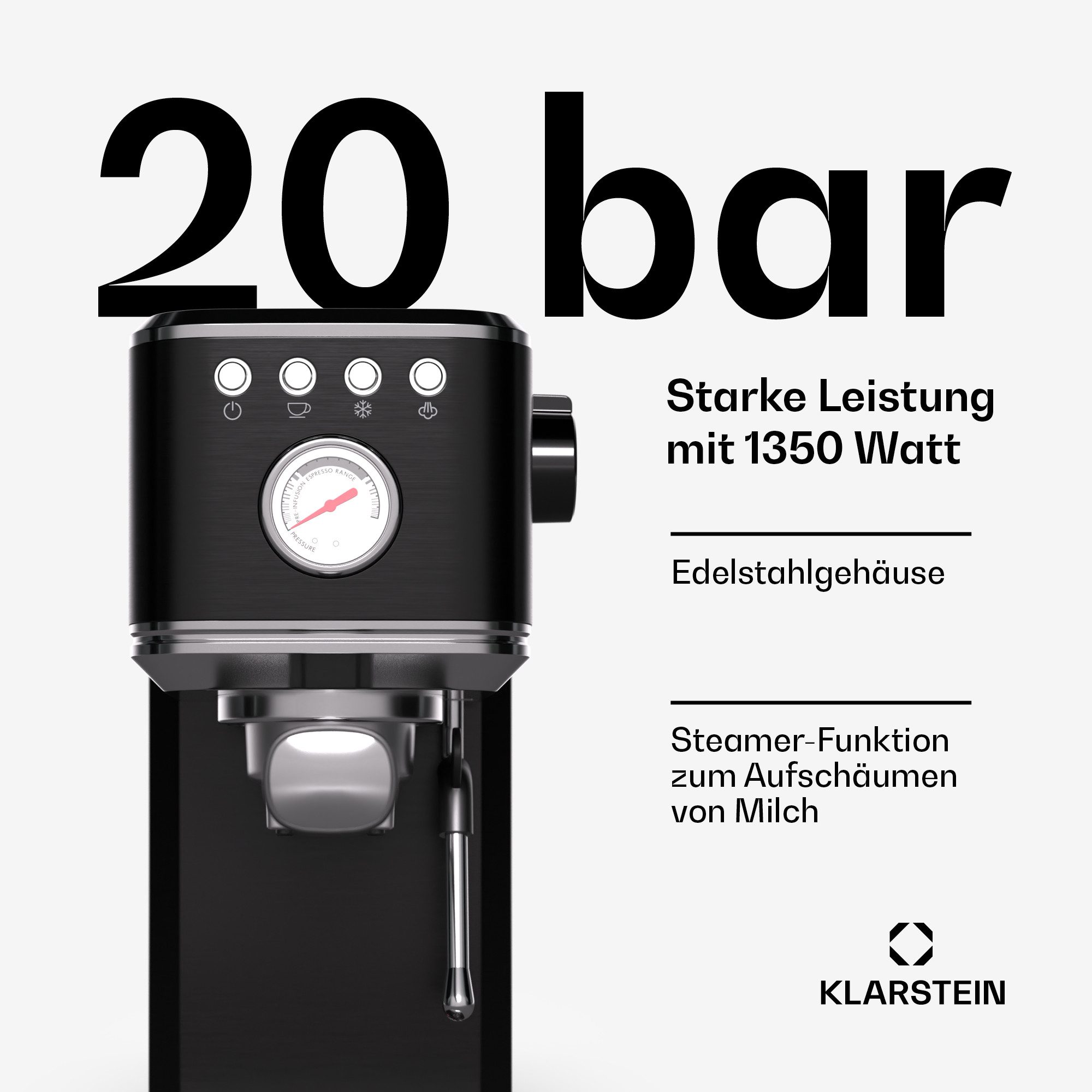 Klarstein Filterkaffeemaschine, Edelstahlfilter, Elektrisch 20 Bar Kaffemaschine Milchaufschäumer