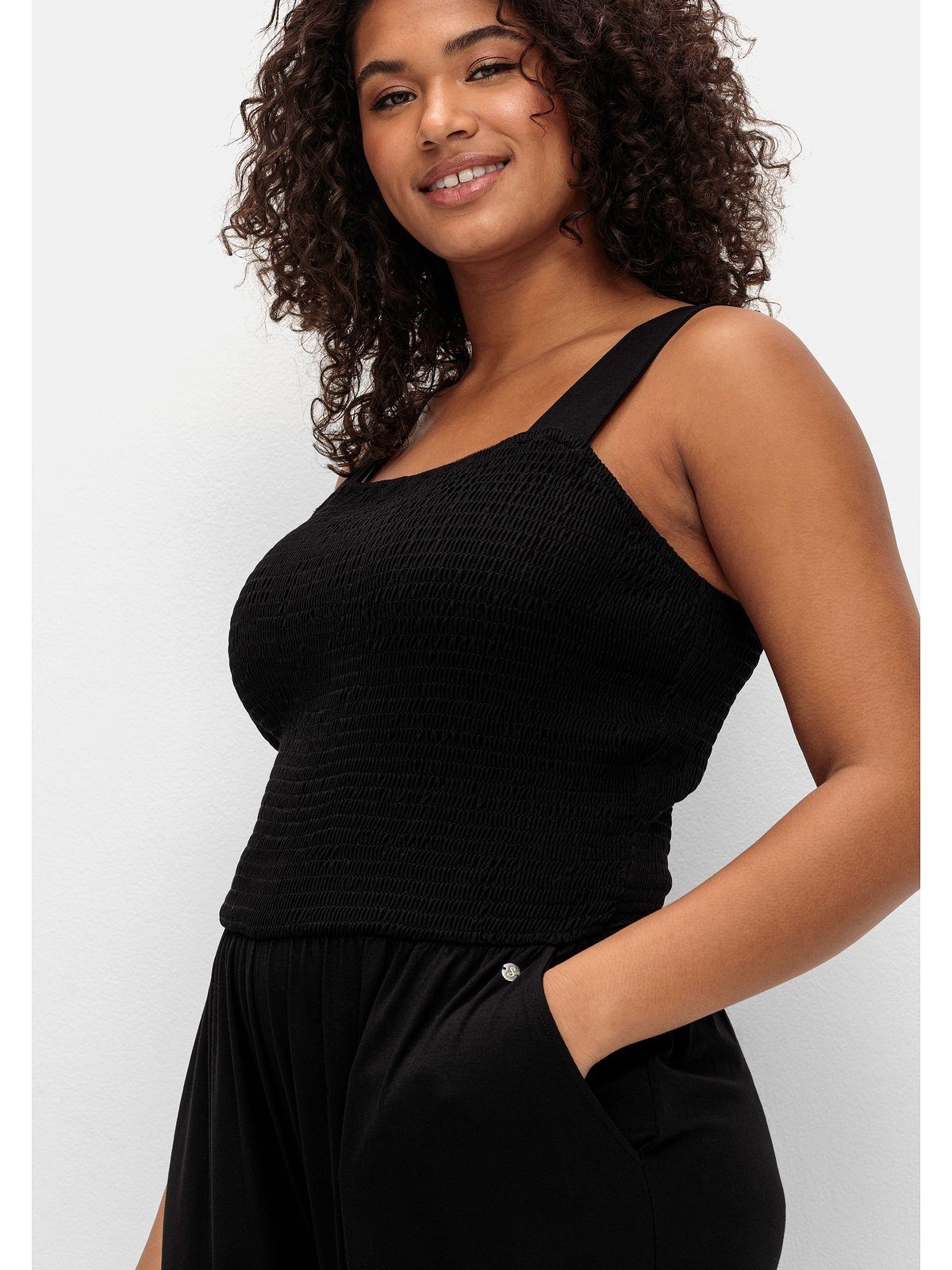 Sheego Jumpsuit Große Größen mit Smok-Oberteil und weitem Bein