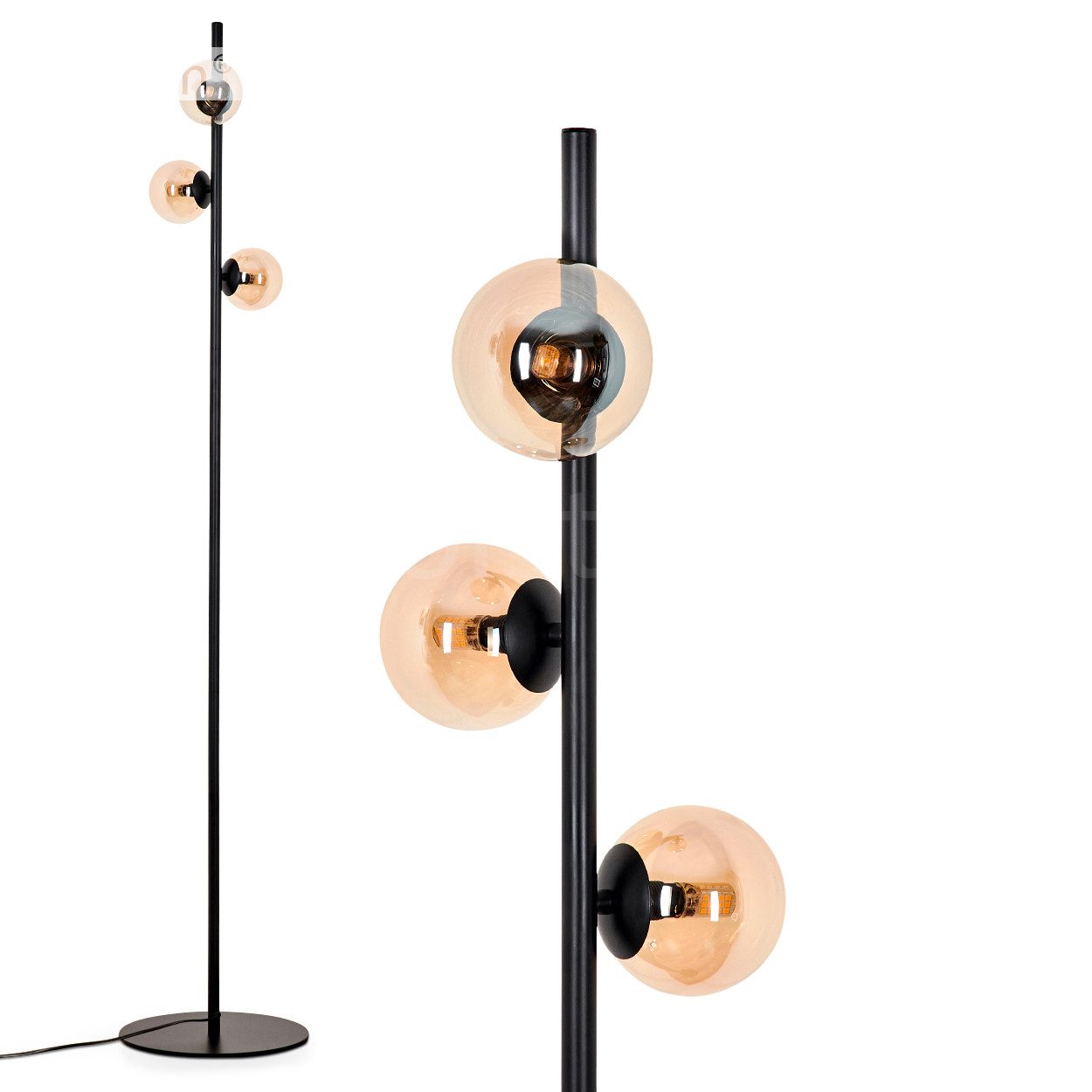 Stehlampe Stehlampe aus Metall/Glas in Schwarz/Bernsteinfarben