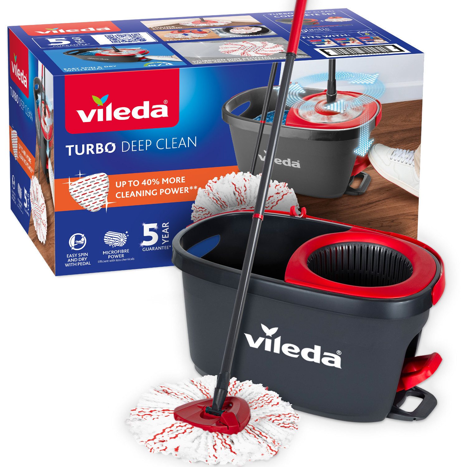 Vileda Wischmopp Turbo Deep Clean Schwammmopp-Set mit Eimer, Eimer, Mopp mit Stiel, 1 Moppbezug