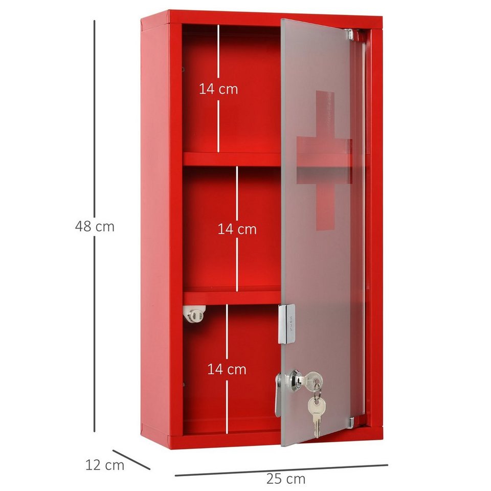 Kleankin Medizinschrank (Set, 1-St., Erste-Hilfe-Schrank) mit Schloss 3  Fächer Metall Rot 25 x 12 x 48 cm