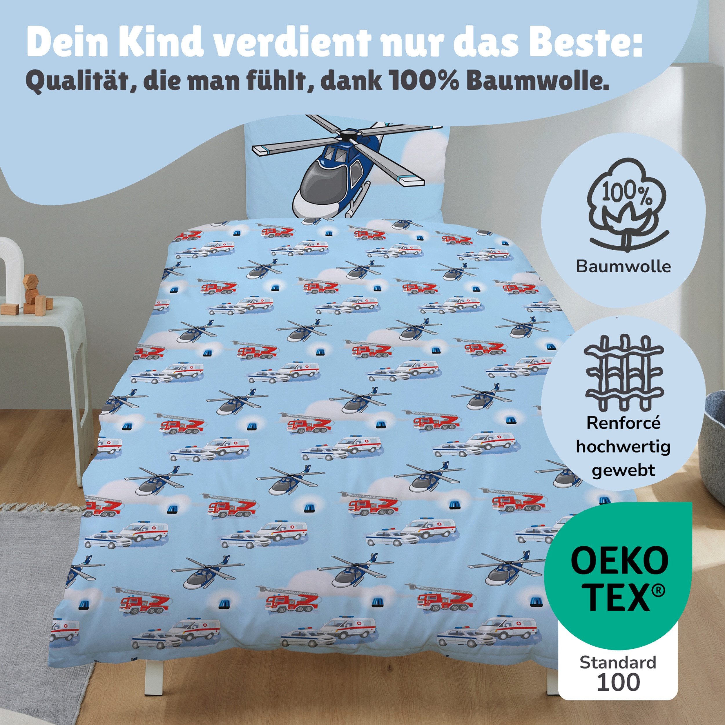 Familando Kinderbettwäsche Polizei & Feuerwehr, 135x200 80x80 cm, 100% Baumwolle, Reißverschluss, Renforcé, 2 teilig, mit Wendeseite und 2. Motiv auf Kopfkissen – Bild 5 von 5