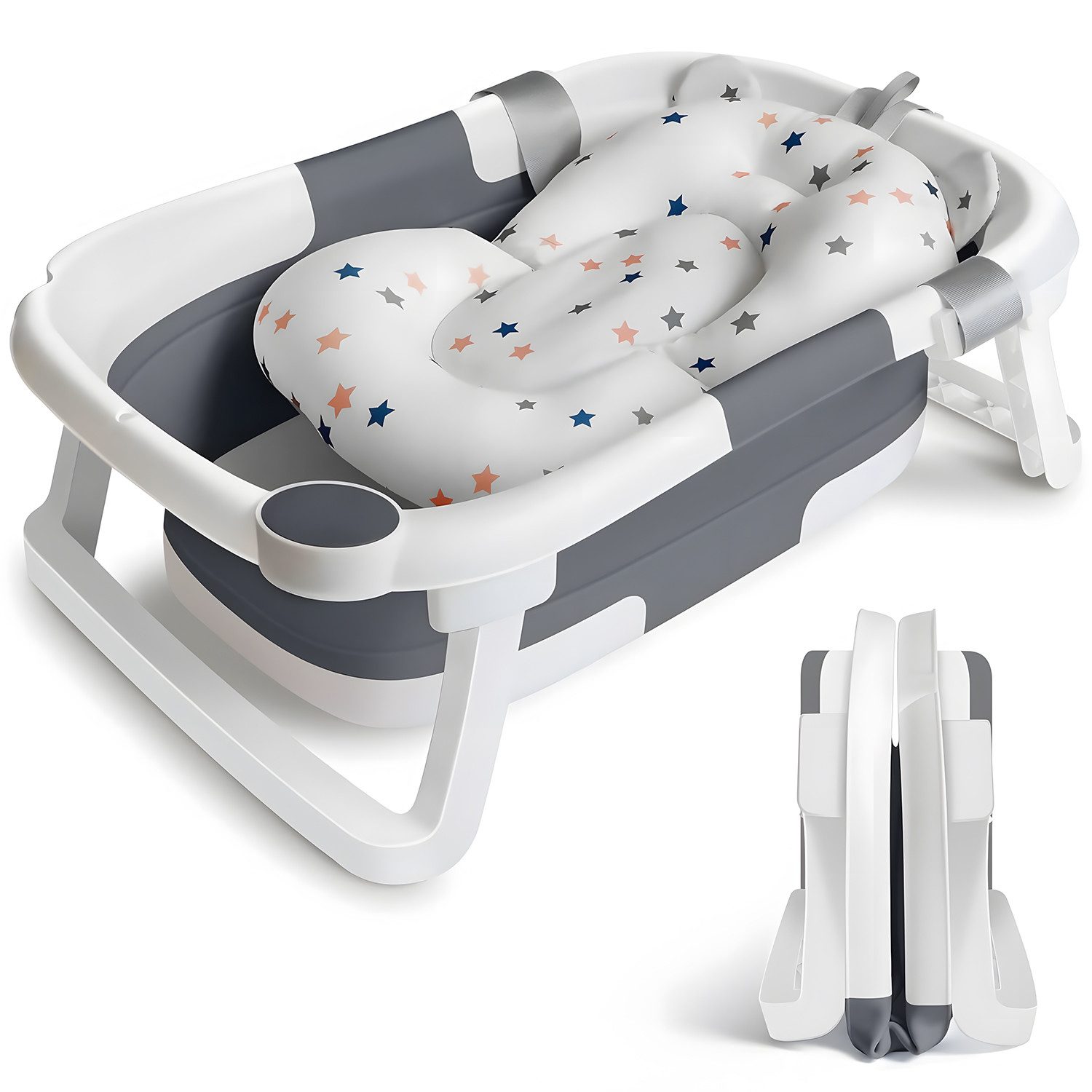 AKKEE Babybadewanne Faltbare Badewanne, Babywanne Badewannensitz Mit Badematte, mit Badewannen Stützkissen Sitzmatte, 63 x 43 x 23cm