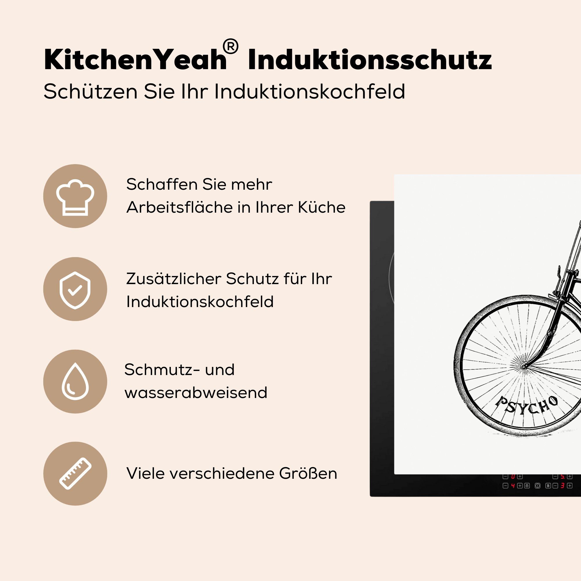 Schutz 81x52 (1 Ceranfeldabdeckung die cm, - Retro - tlg), Fahrrad küche, MuchoWow Induktionskochfeld für Herdblende-/Abdeckplatte Sattel, Vinyl,