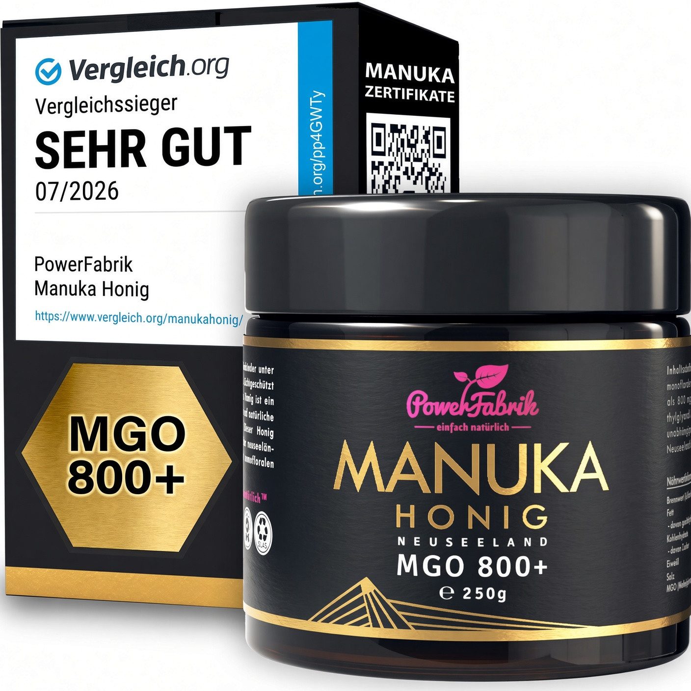 PowerFabrik Honig Manuka Honig MGO 800+, 250g, Original aus Neuseeland, im Glas, HALAL, 1 x