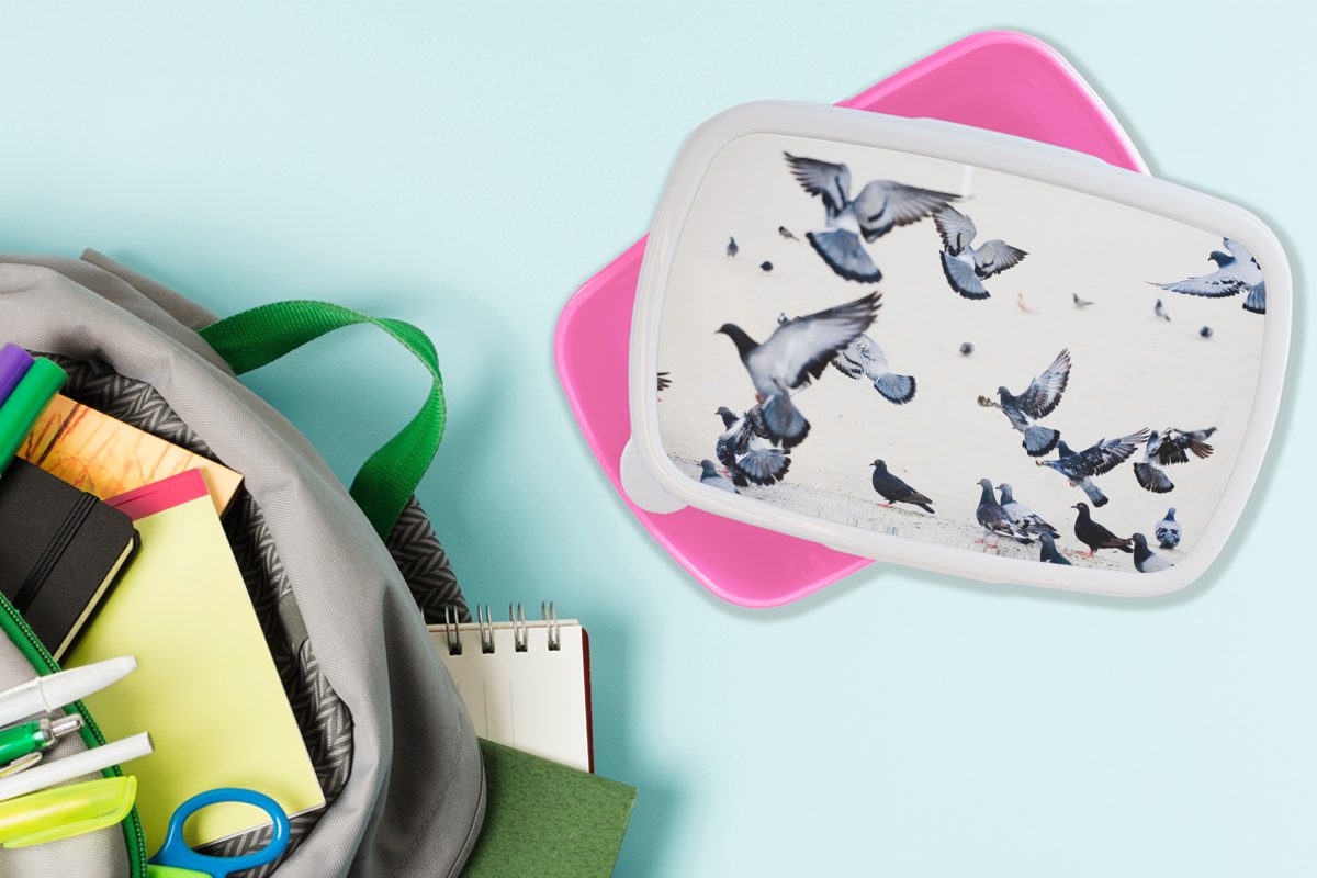 Kinder, Mädchen, (2-tlg), für Erwachsene, Kunststoff Brotdose auf flatternden Lunchbox Brotbox weißem Tauben Snackbox, rosa MuchoWow von Eine Kunststoff, Hintergrund, Gruppe