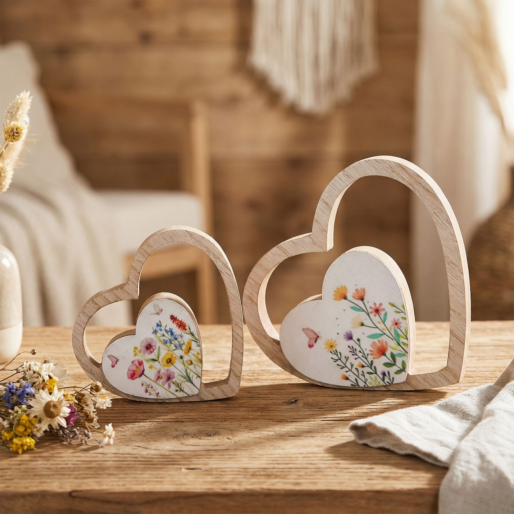 Levandeo® Dekoobjekt 2er Set Herz Aufsteller Blume MDF Holz Natur Blumenmuster Frühling Tis