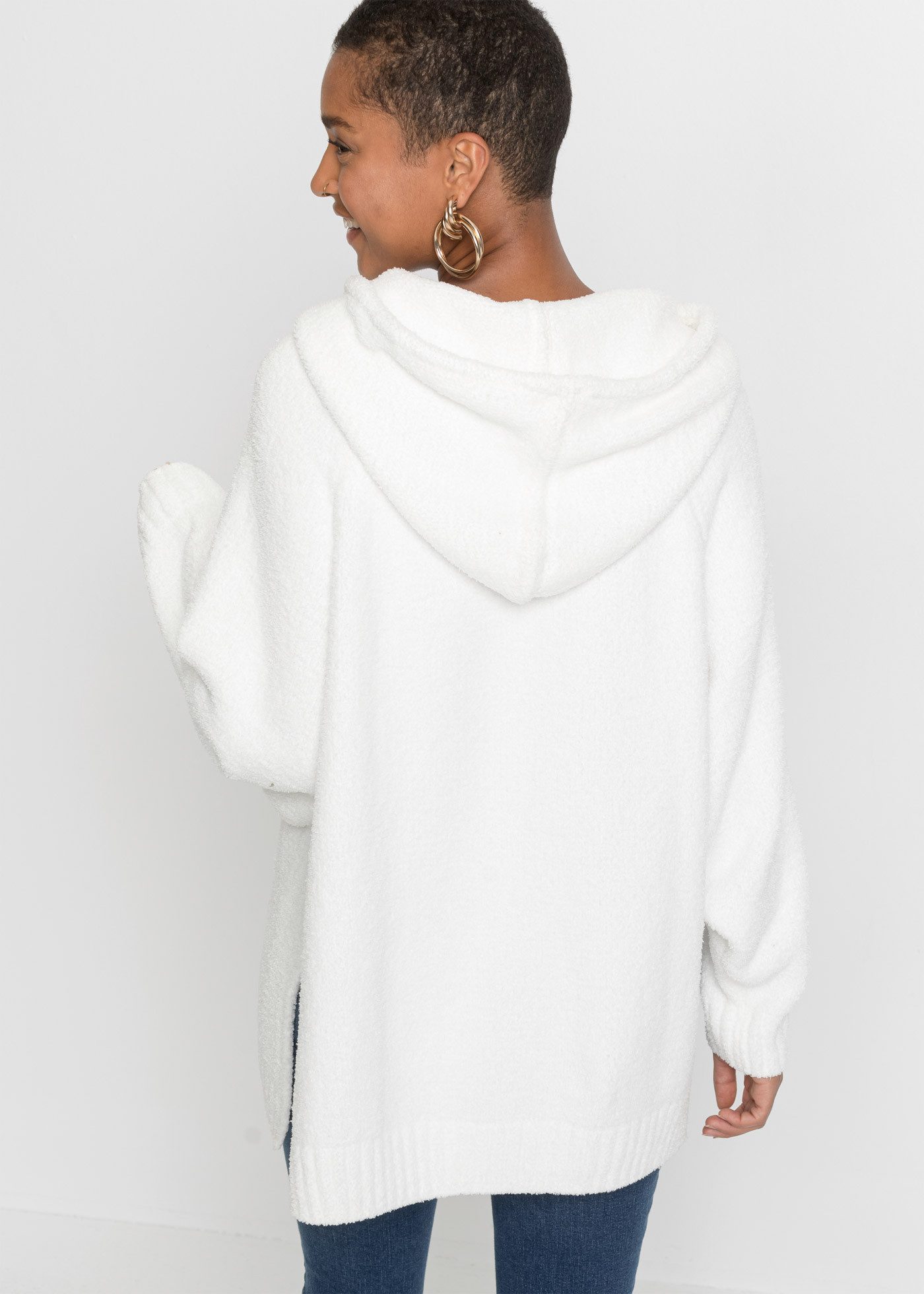 bonprix Strickpullover mit Kapuze, mit Teddy-Fleece, Oversized Passform, Kängurutasche