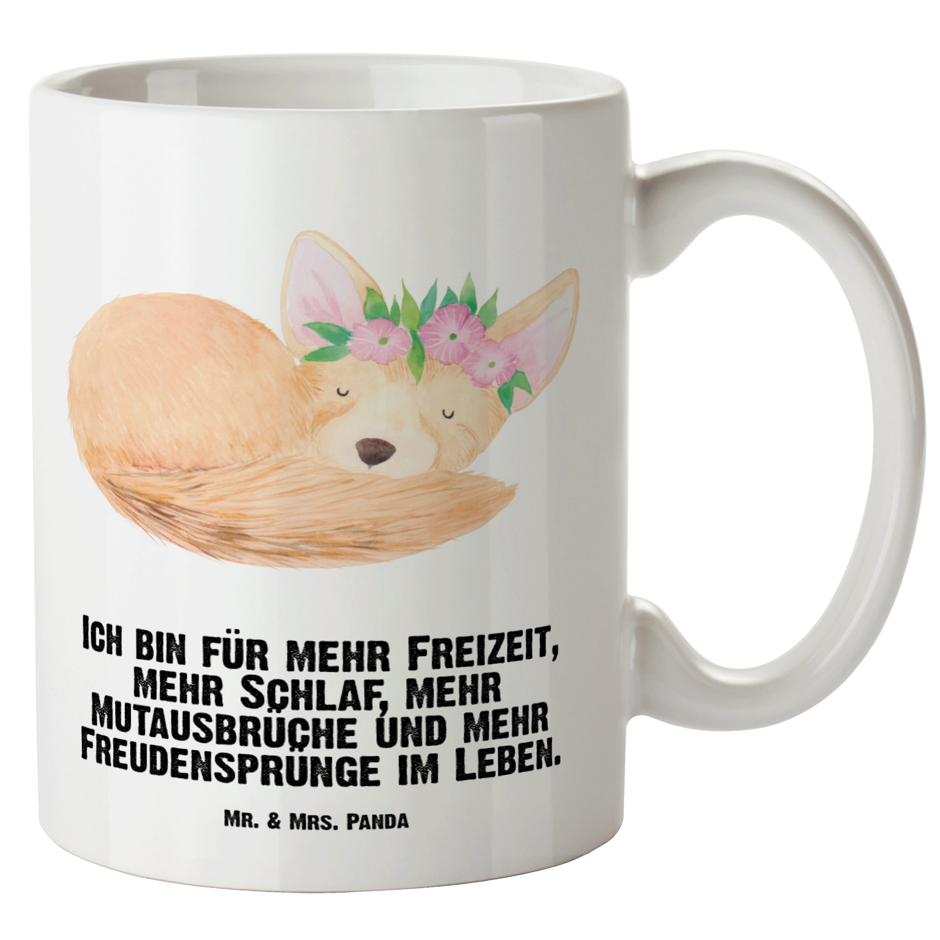 Mr. & Mrs. Panda Tasse Wüstenfuchs Blumenkranz - Weiß - Geschenk, Grosse Kaffeetasse, Afrika, XL Tasse Keramik