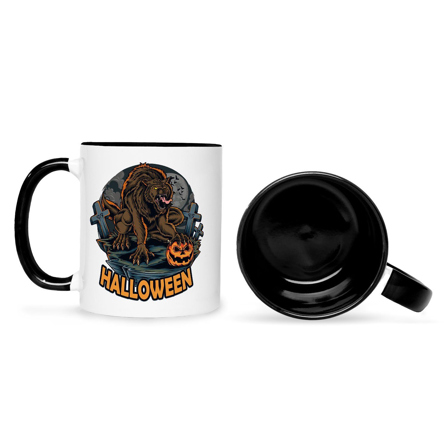 GRAVURZEILE Tasse zu - Design Weiß Schwarz Geschenke Werwolf mit Halloween - Motiv Schaurige