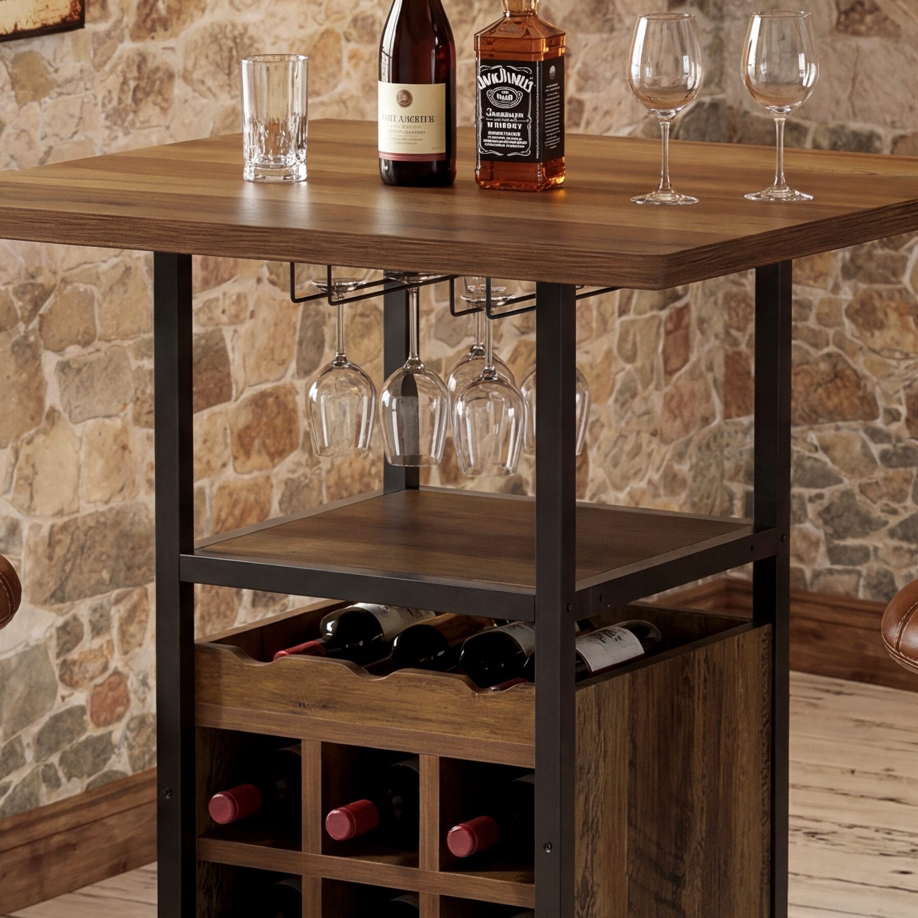 Tribesigns Bartisch 95cm hoher quadratischer Weinschrank, Bistrotisch mit Glashalter