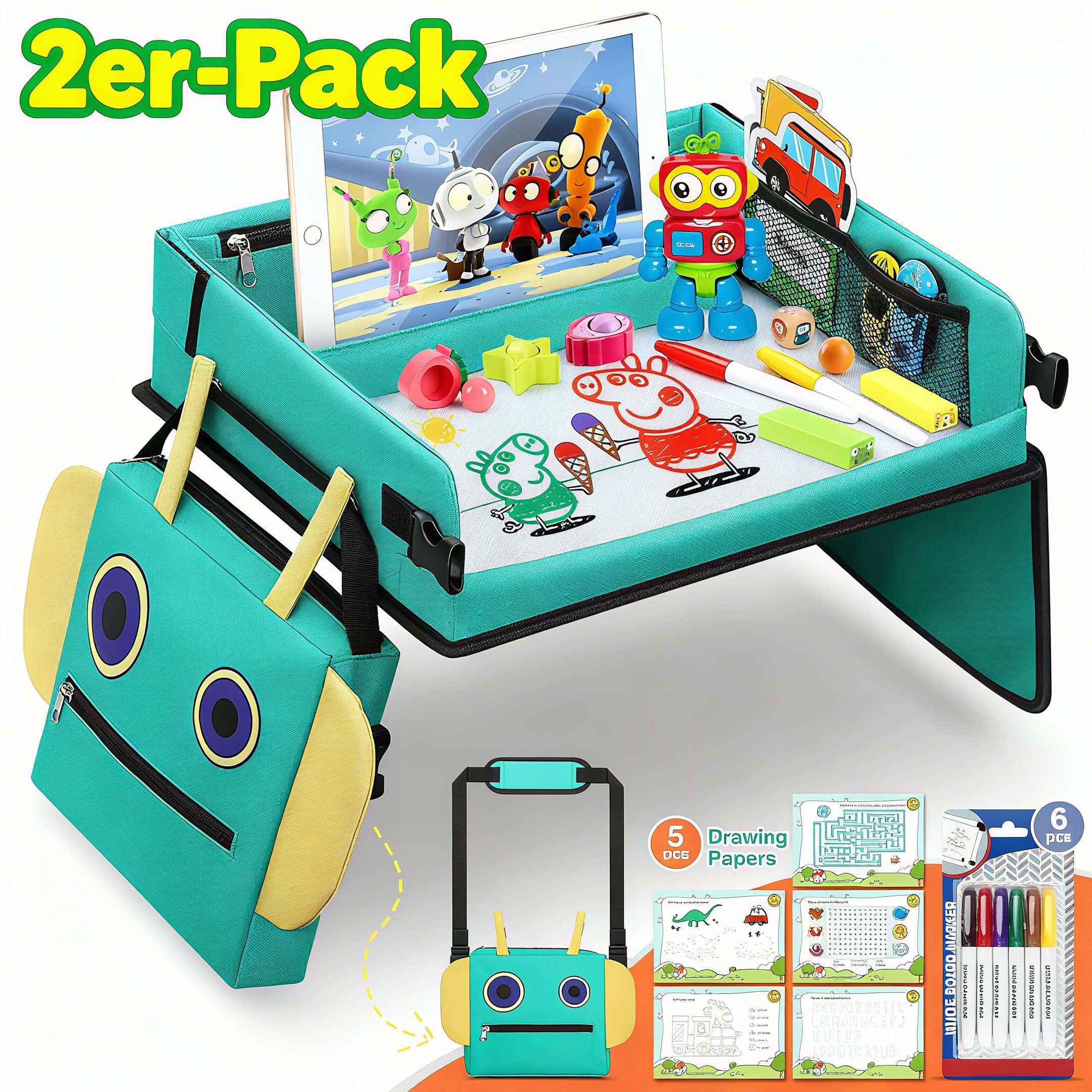 POPOLIC Spieltisch 2 In 1 Kinder Reisetisch 5 Pädagogische Zeichenpapiere, 6 Farbstifte, (Roboter-Rucksack Abnehmbarer Multifunktionaler, Auto Kinder Knietablett Reisetisch Reise Outdoor Indoor, 2-tlg)