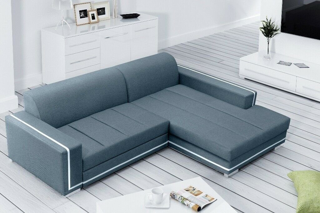 JVmoebel Ecksofa, Ecksofa mit Schlaffunktion Bettfunktion Kasten Sofa Couch Blau/Weiß