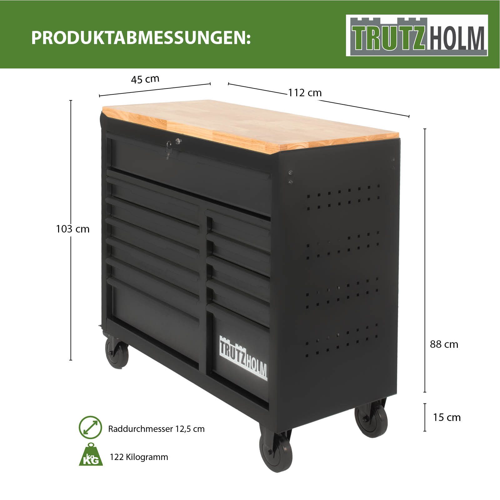 TRUTZHOLM Werkzeugwagen Star XL 103 x 112 cm Stahl schwarz/grau 12 Schubladen Hartholzplatte, unbestückt, Zentralverriegelung der Schubladen, Schiebegriff