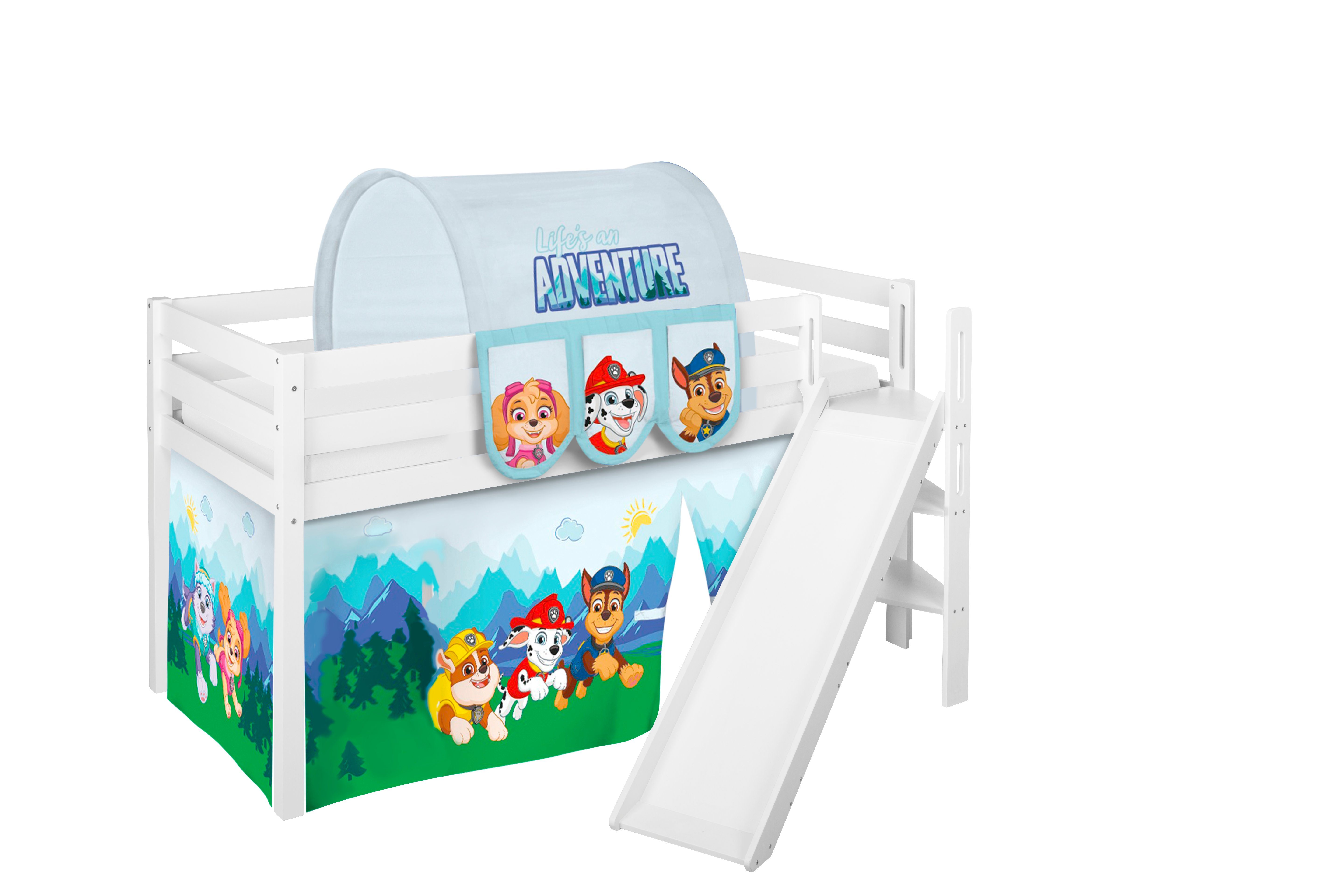 Lilokids Kinderbett Hochbett JELLE mit schräger Rutsche & Vorhang PAW PATROL 190x90cm