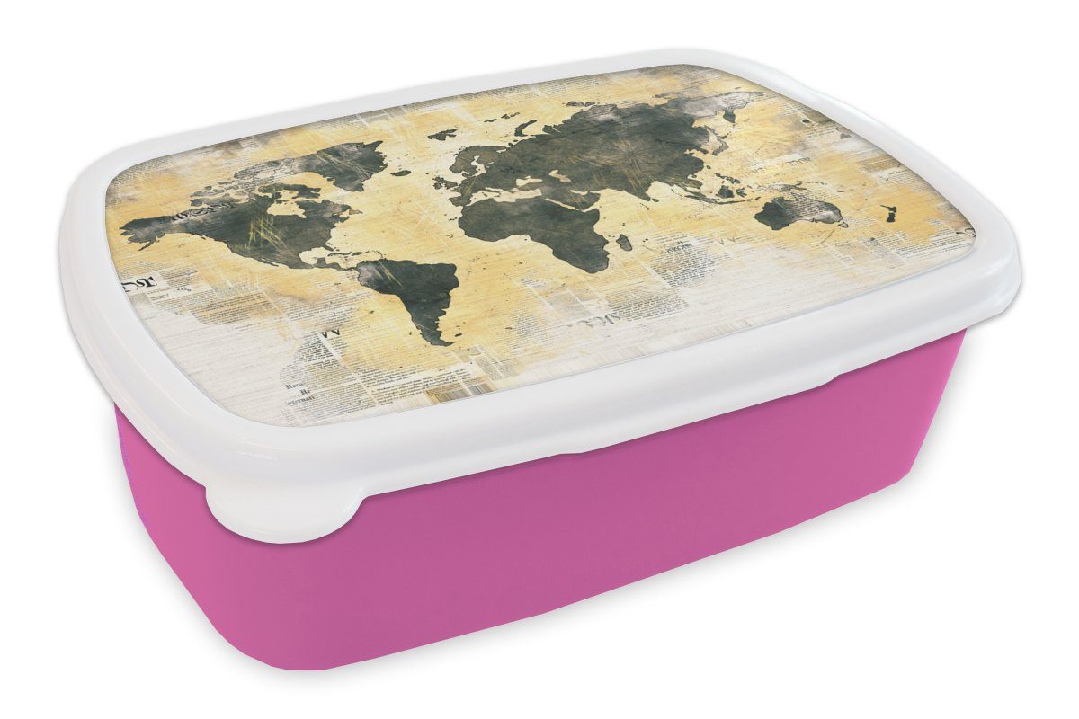 MuchoWow Lunchbox Weltkarte - Zeitung (2-tlg), Brotbox - rosa Mädchen, Kunststoff Snackbox, Kunststoff, Erwachsene, für Brotdose Gold, Kinder