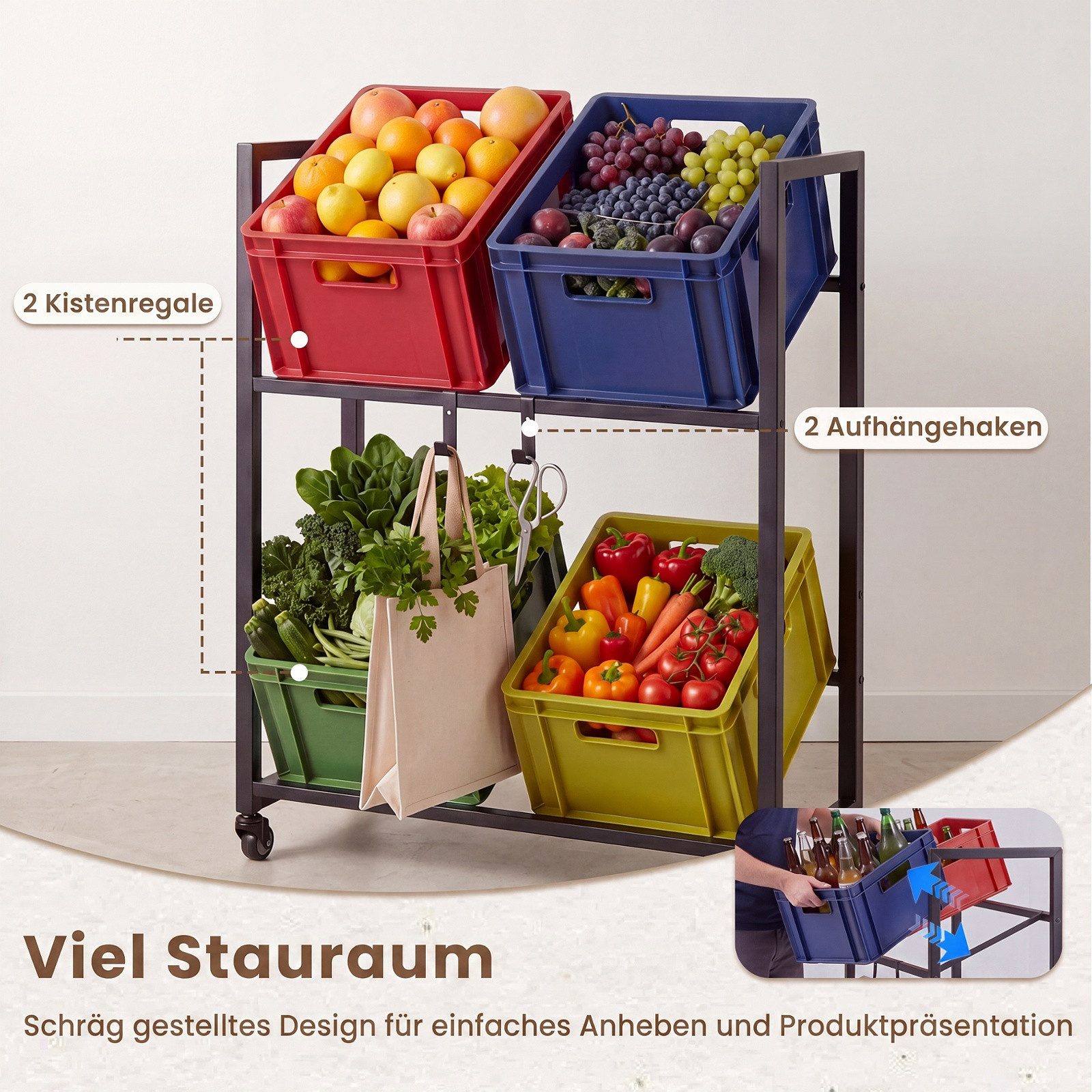COSTWAY Regal, Getränkekistenregal mit Rollen, Ablage für 4 Kisten
