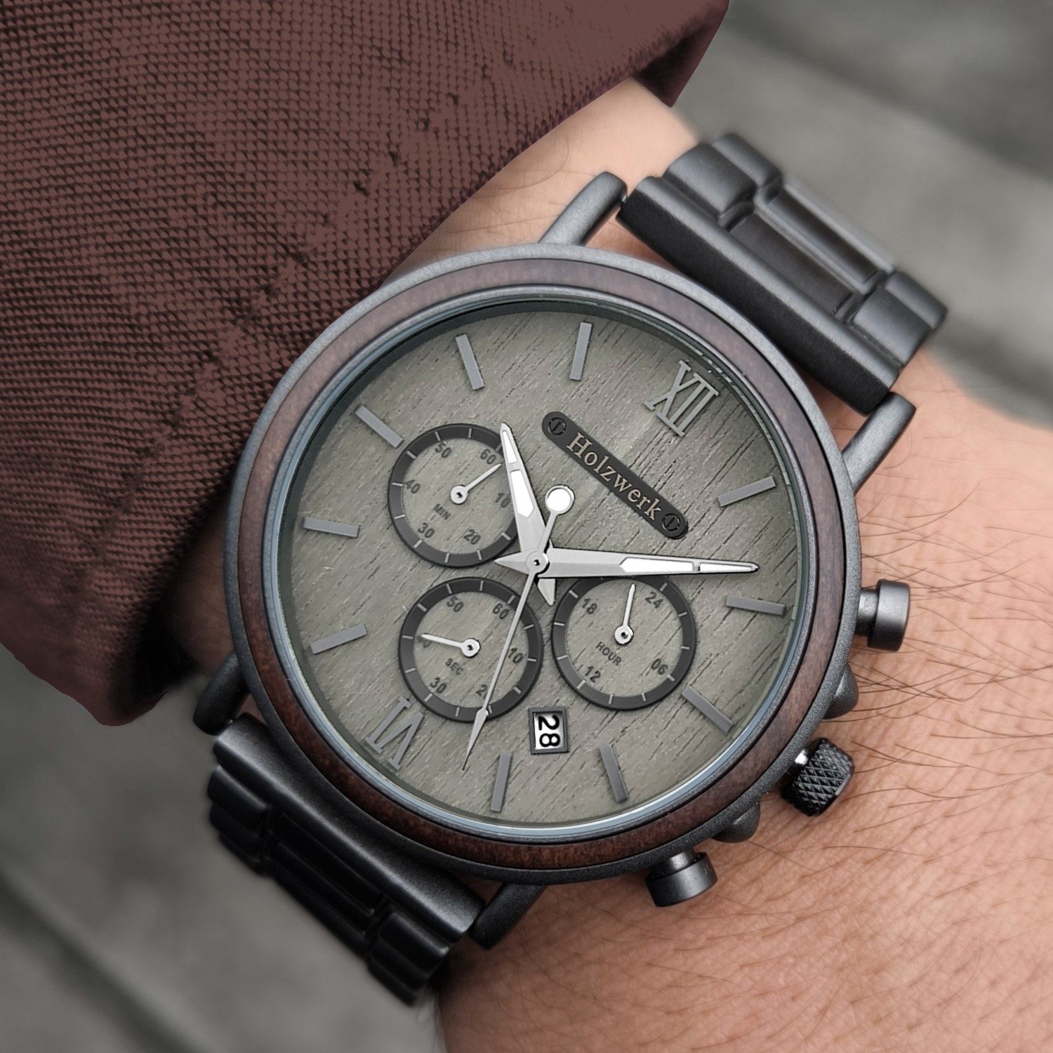 Holzwerk Chronograph Herren Designer Edelstahl & Holz Armband Uhr mit Datum, (inklusive Armbandkürzer), Holz Unikate, ideal auch als Geschenk, Quarzuhrwerk