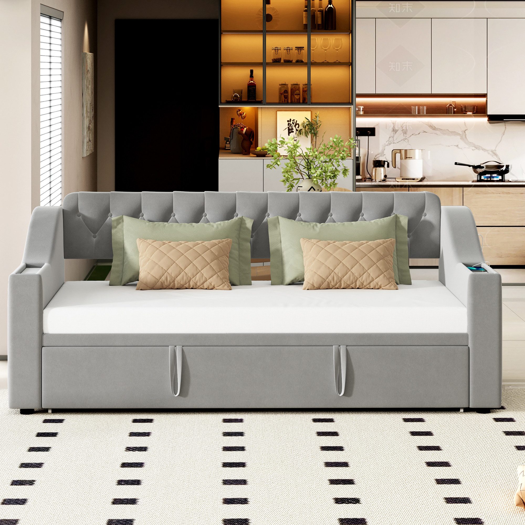 Odikalo Schlafsofa Schlafcouch 90x190 mit Lattenrost & USB Ohne Matratze, Polsterbett Schlafsofa, 90/180*190 cm, Breitere und Dickere Armlehnen mit USB-Ladeansc – Bild 3 von 5
