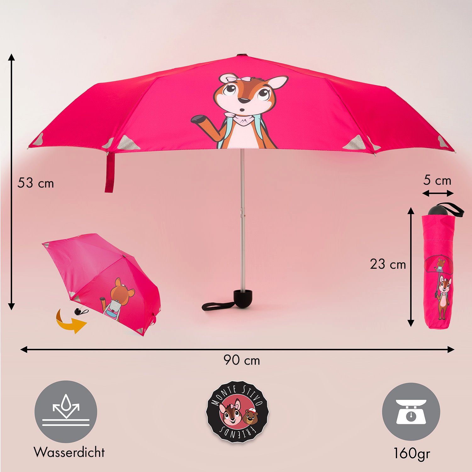 Votna Stivo Kinderregenschirme Reflektoren Regenschirm-Wanderstock Monte cm faltbar ? 90 Pink