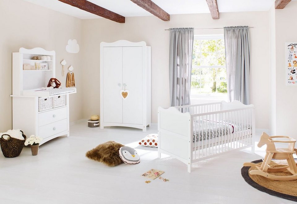Pinolino® Babyzimmer-Komplettset Florentina, (Set, 4-St., Kinderbett,  Wickelkommode mit Regalaufsatz, 2-türigem Kleiderschrank), breit