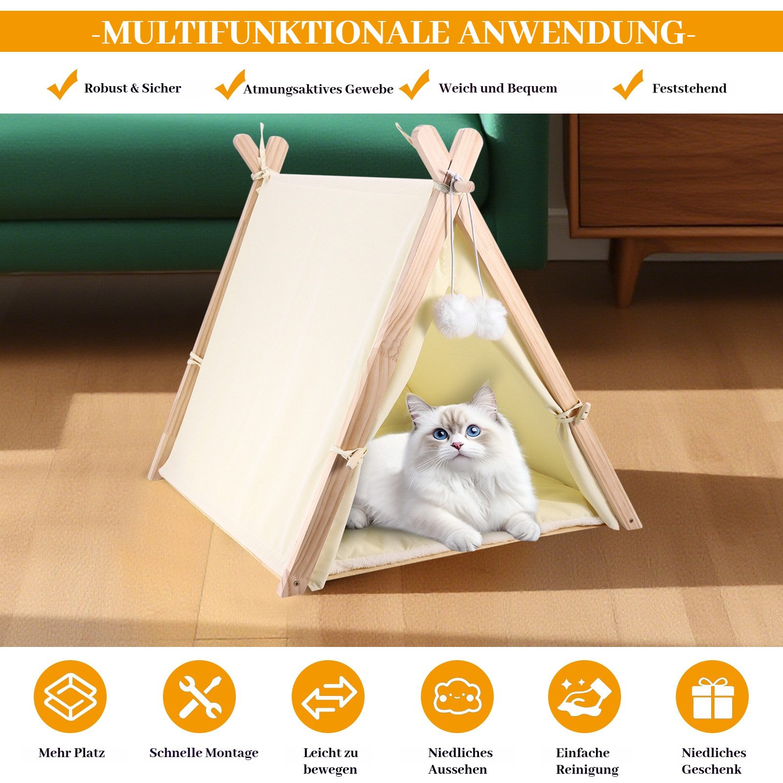 BlingBin Katzenzelt Haustierzelte mit Kissen Hundezelt Hunde Tipi Katzentipi Katzenhaus, Abnehmbar und Waschbar Hundehaus für drinnen