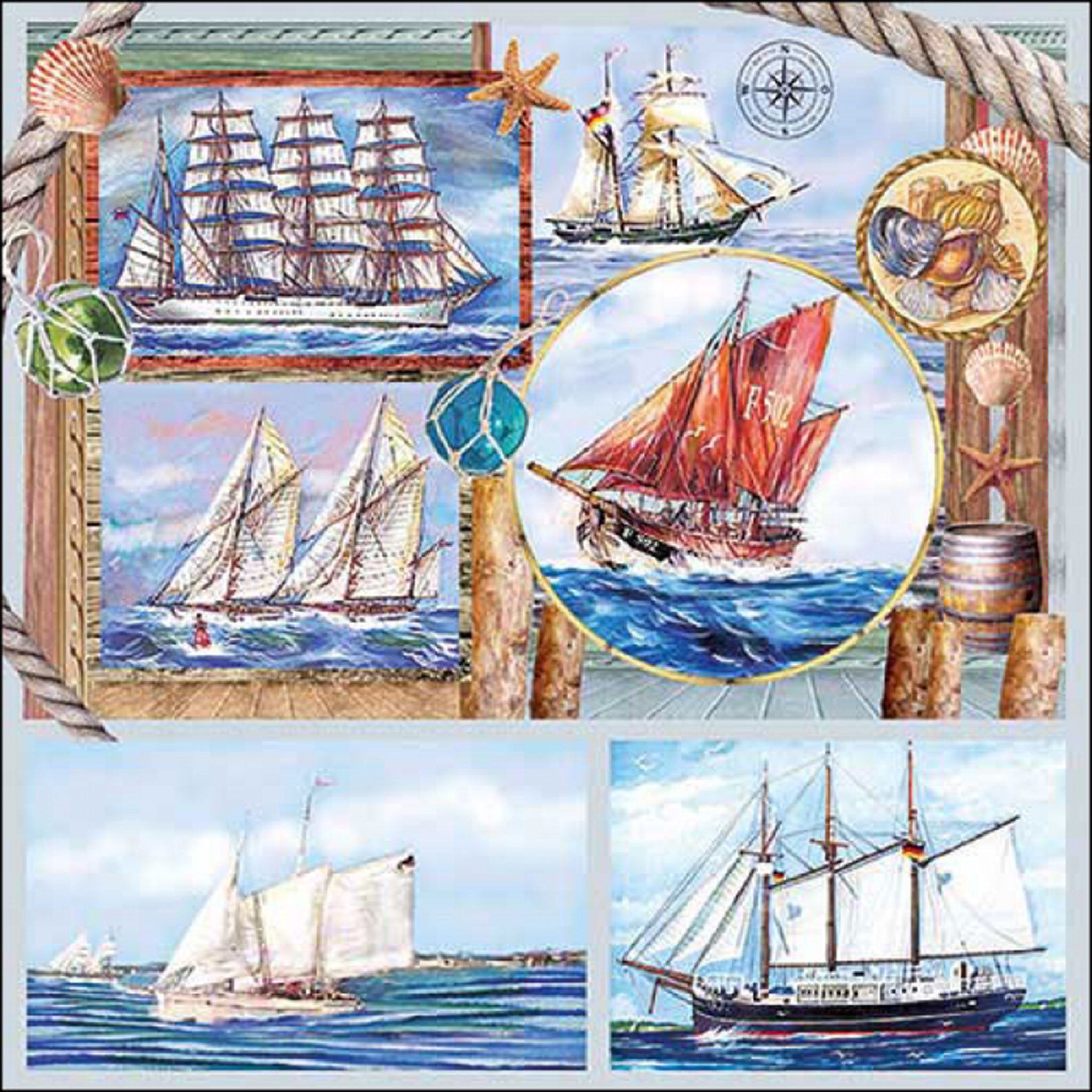 Ambiente Luxury Paper Products Papierserviette, Servietten Papier 33x33cm 3-lag. mit Segelschiffen Motiv 20 Stück