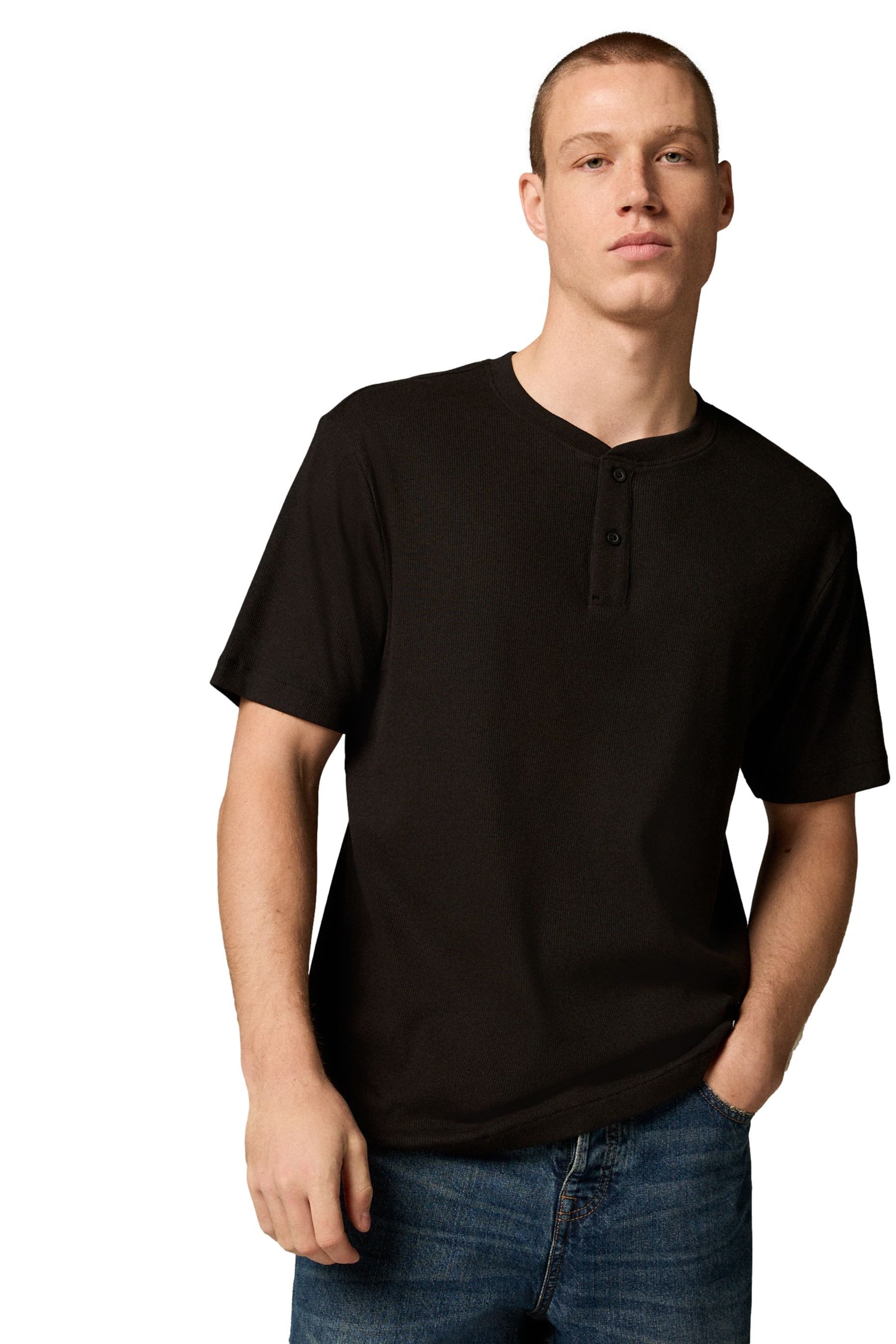Next T-Shirt Geripptes T-Shirt mit Grandad-Kragen (1-tlg) günstig online kaufen